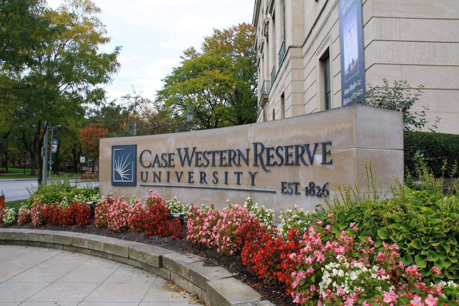 Case Western Reserve University, stone sign, pink flowers, HD Desktop Wallpaper