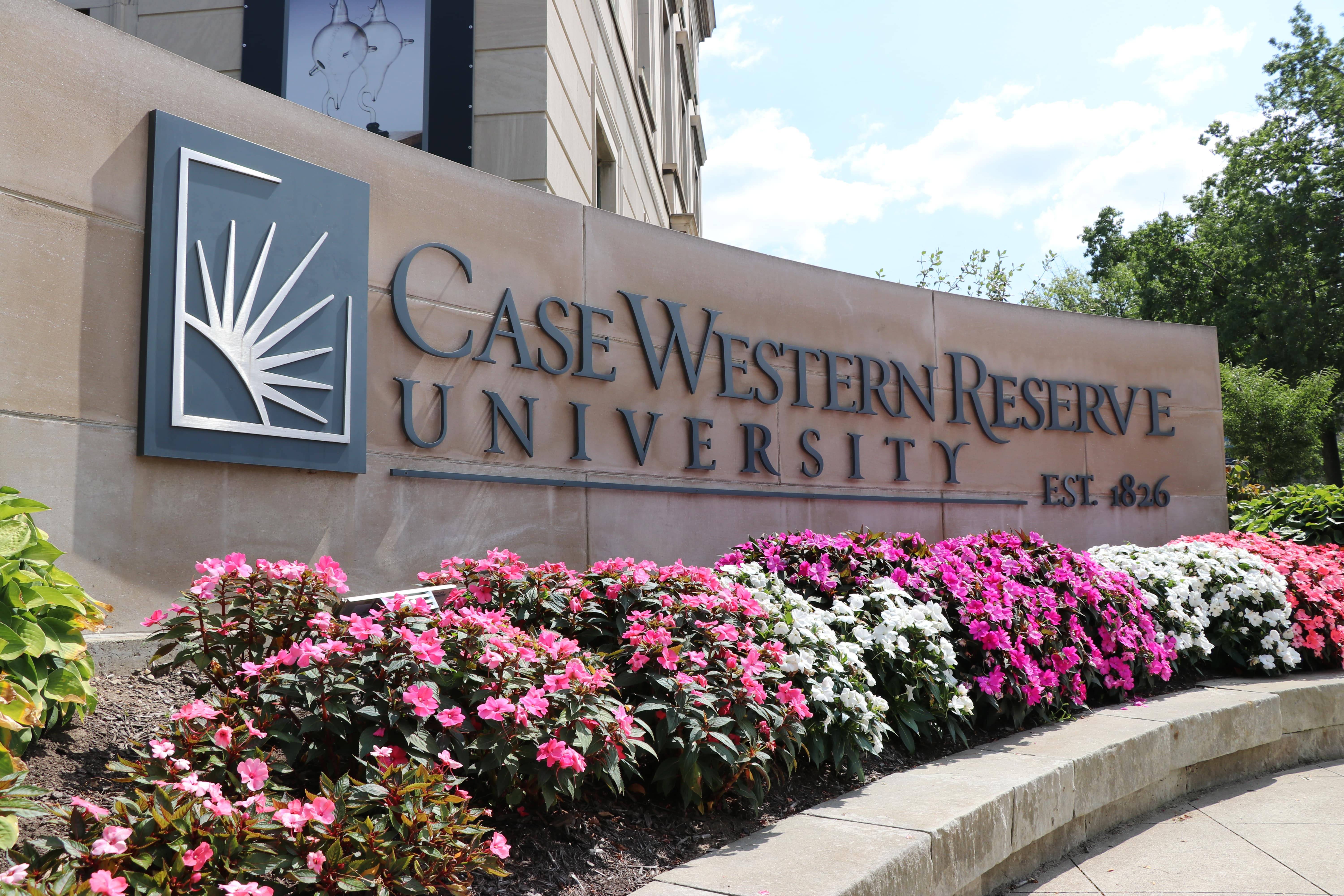 Case Western Reserve University, sign, pink and white flowers, 5K Desktop Wallpaper