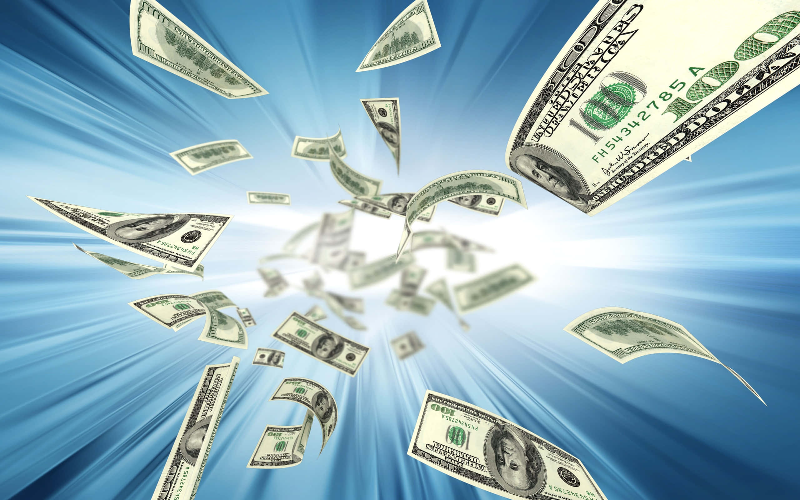 trillion dollar cash bills, radiant blue sky, dynamic motion blur, 2K Desktop Wallpaper