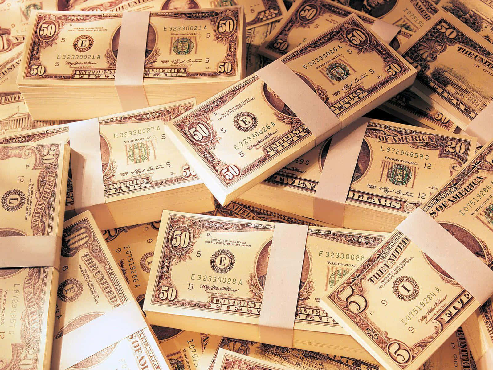 fifty dollar bills, bundled, warm golden lighting, HD Desktop Wallpaper