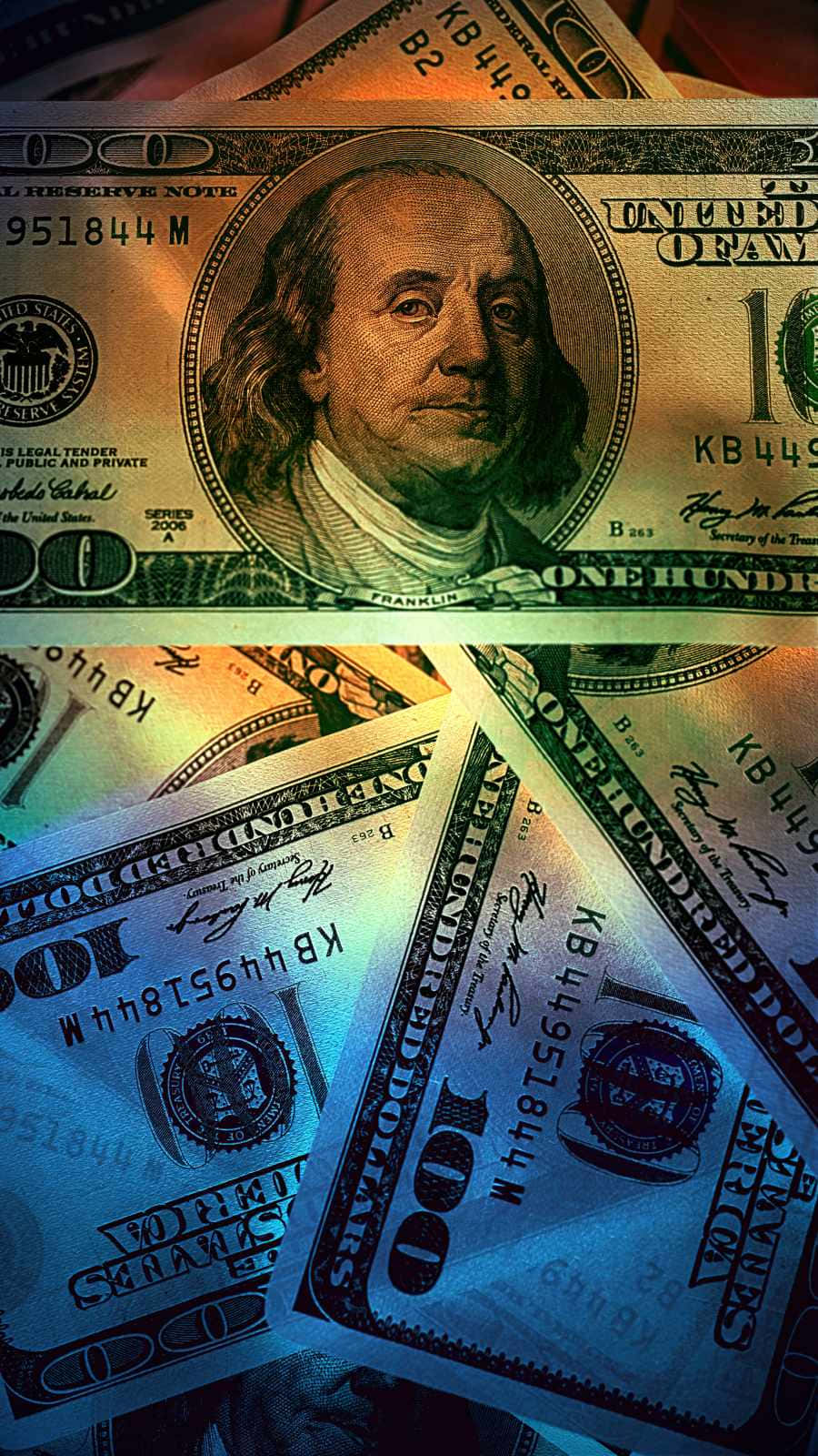 hundred-dollar bills, warm gold lighting, cool blue lighting, HD Phone Wallpaper