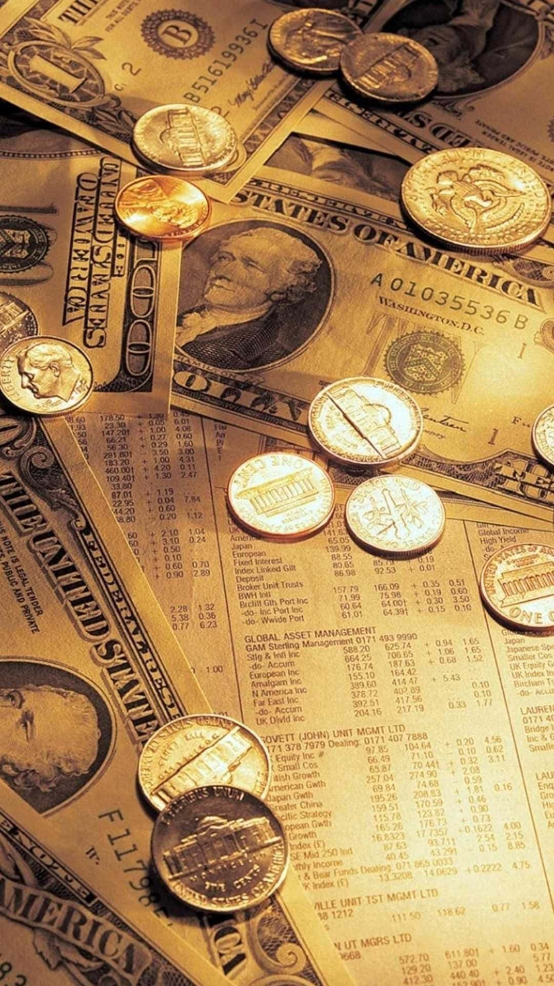 gold, US dollar bills, coins, Full HD Phone Wallpaper