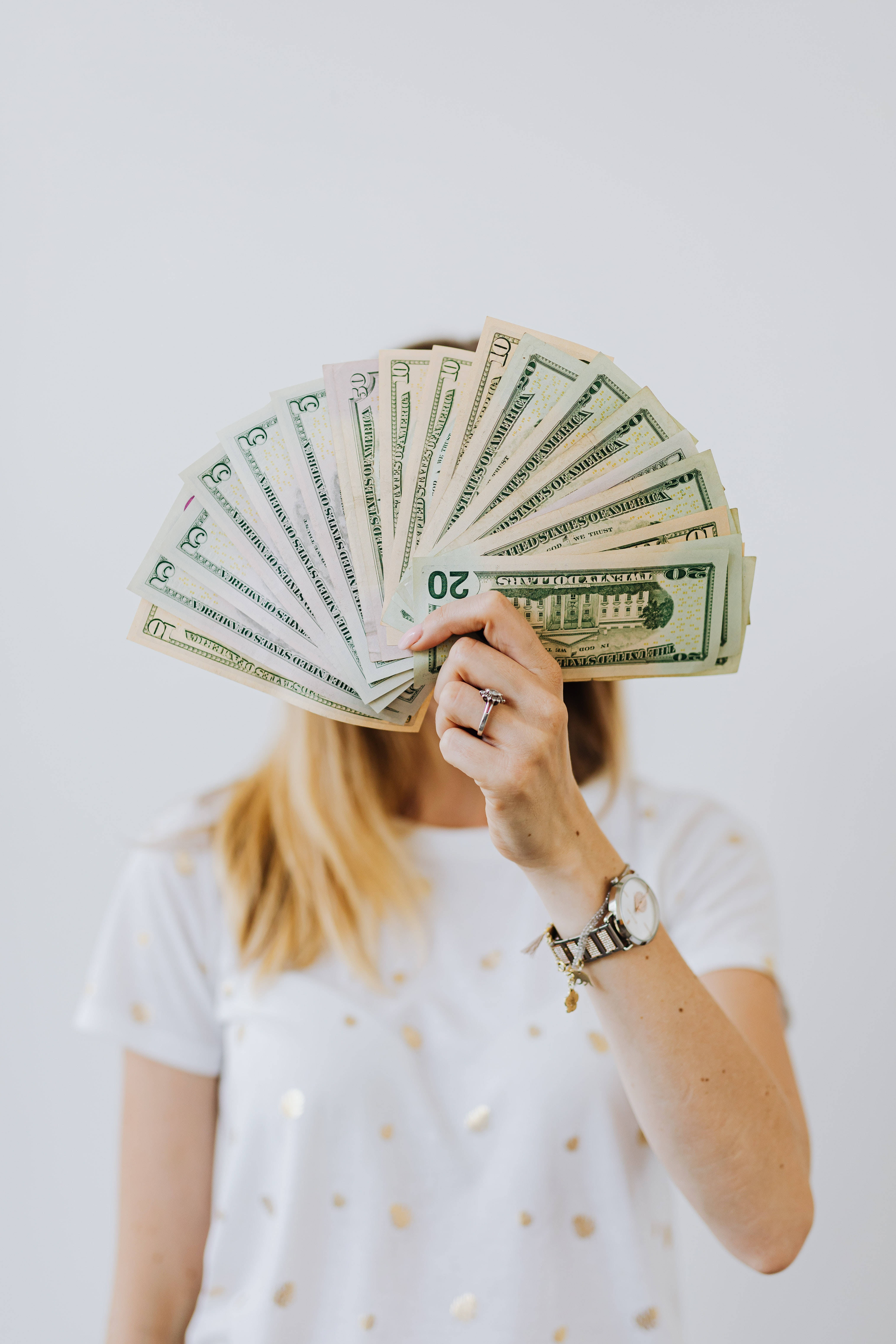 twenty dollar bills, white background, woman, 5K Phone Wallpaper