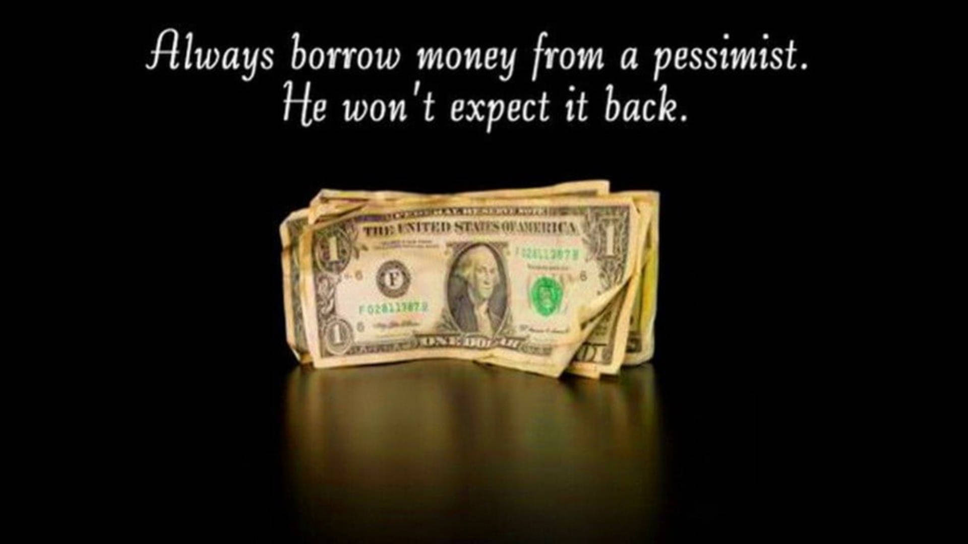 Pessimistic Money, worn one-dollar bills, dark reflective surface, Full HD Desktop Wallpaper