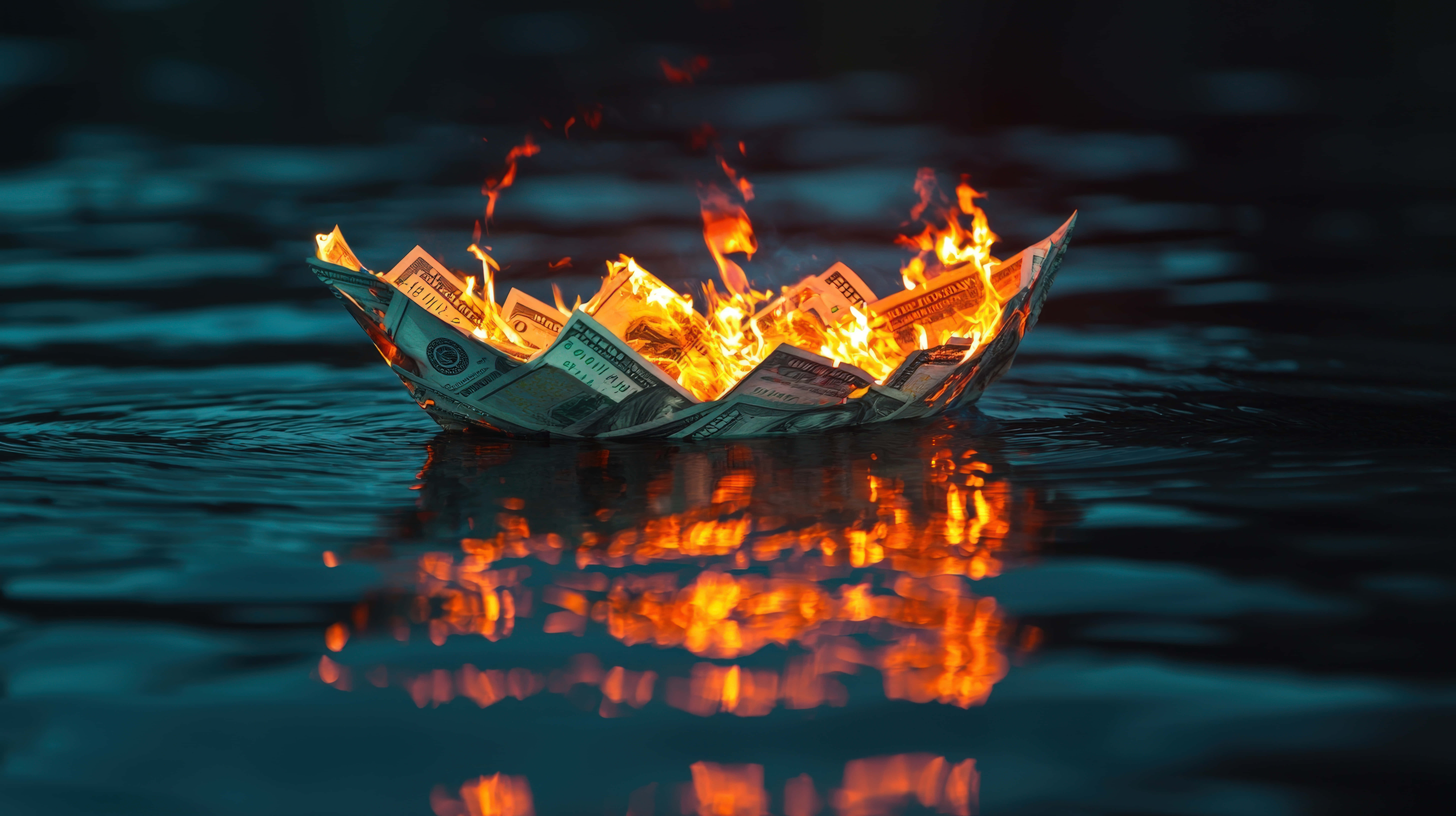 paper boat, burning dollar bills, dark water, 8K Desktop Wallpaper