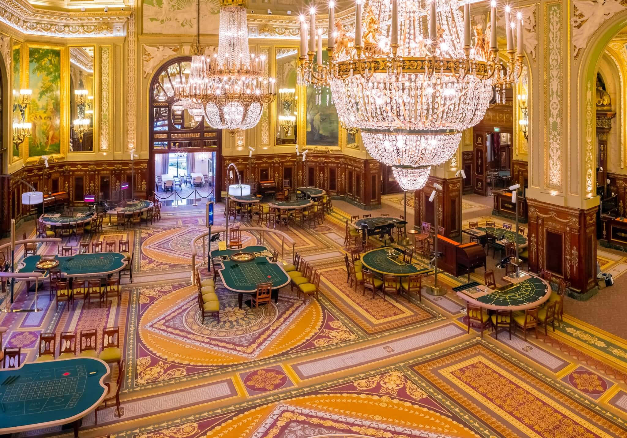Casino De Monte Carlo, ornate chandeliers, green gaming tables, Full HD Desktop Wallpaper