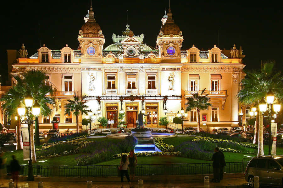 Casino De Monte Carlo, night, palm trees, SD Desktop Wallpaper
