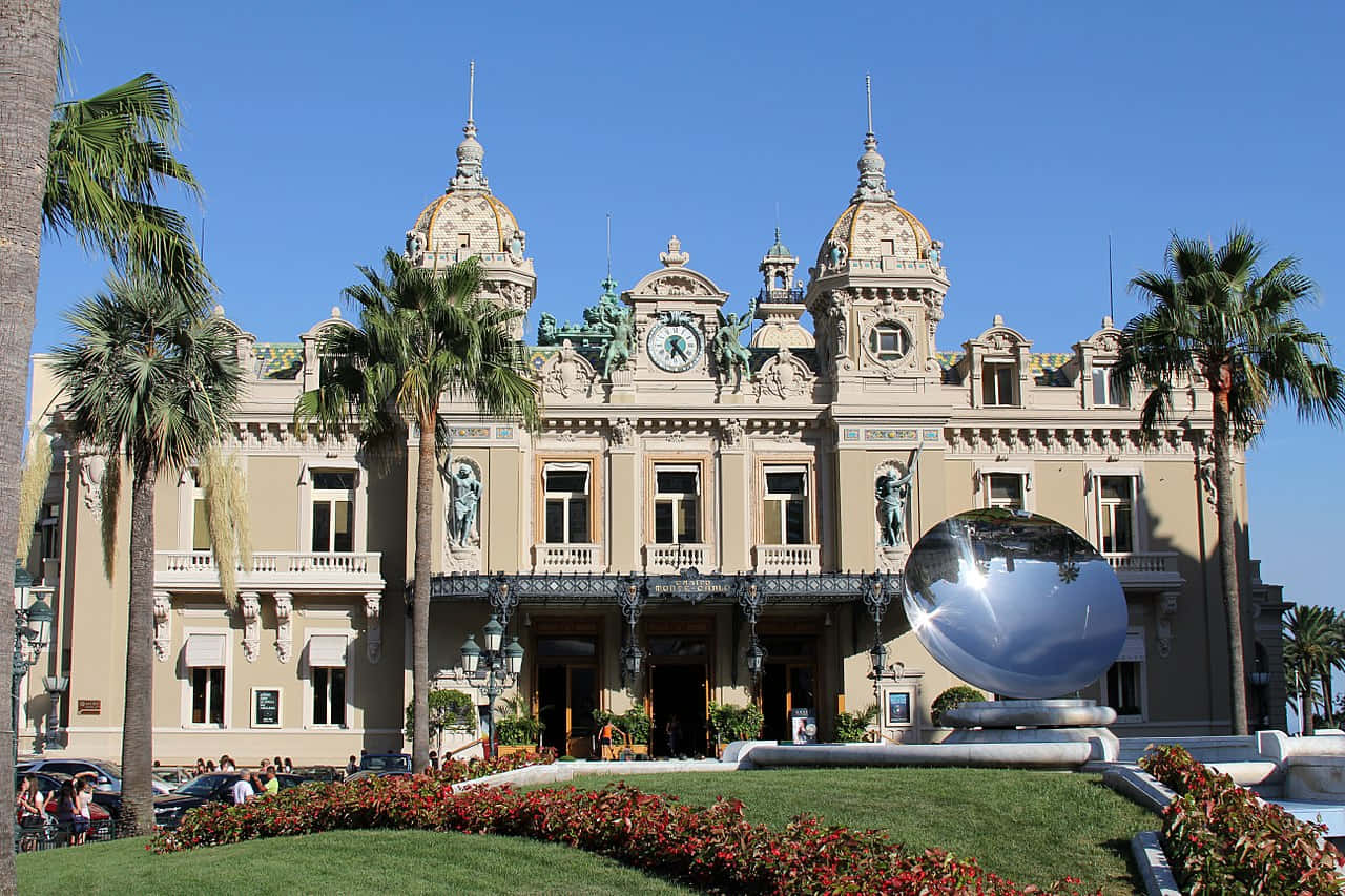 Casino De Monte Carlo, palm trees, reflective sphere sculpture, HD Desktop Wallpaper