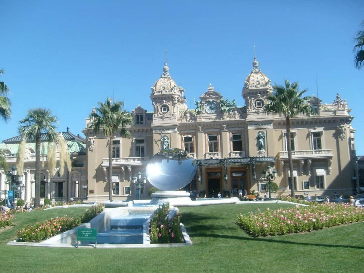 Casino De Monte Carlo, palm trees, reflective globe fountain, SD Desktop Wallpaper