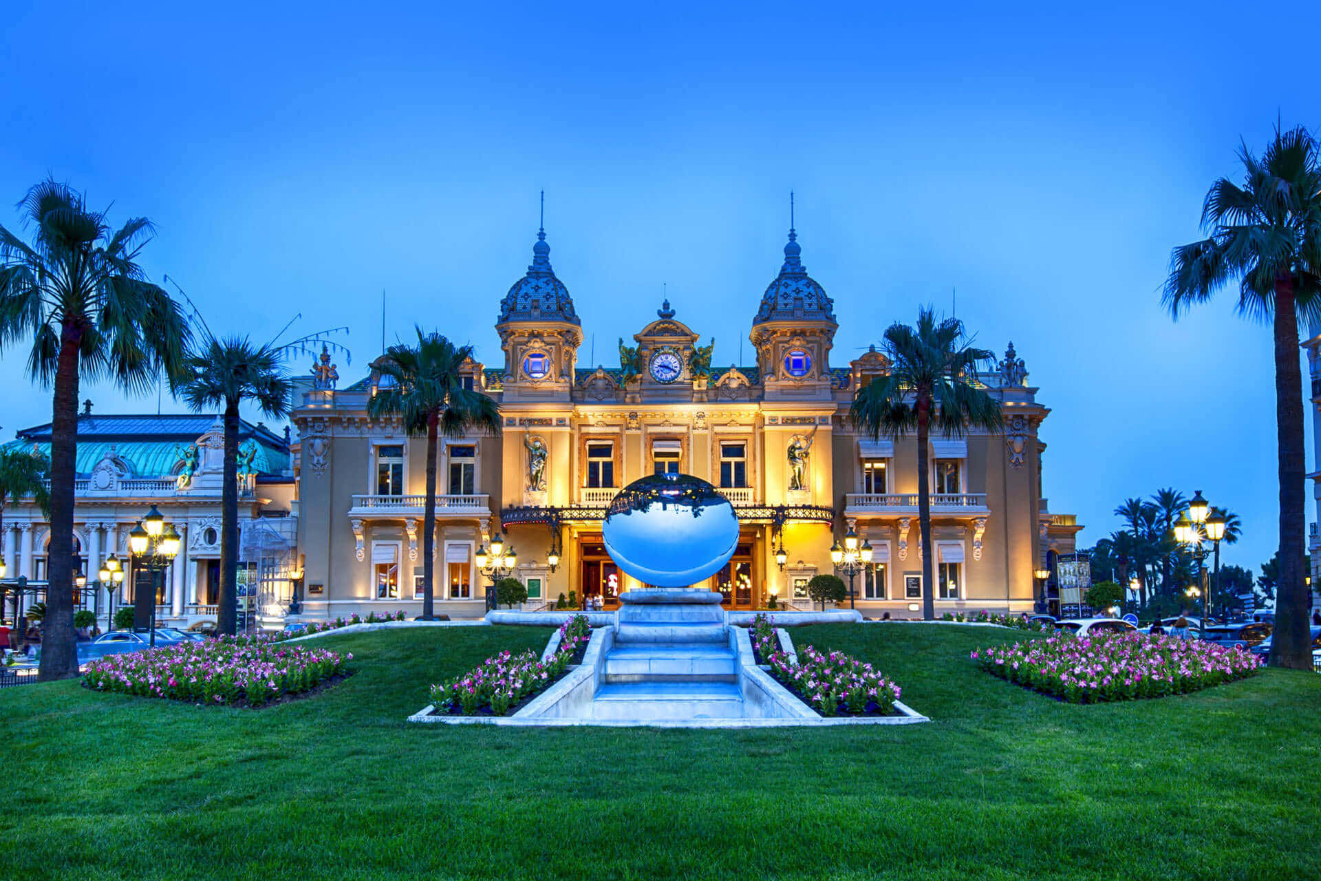 Casino De Monte Carlo, dusk, palm trees, Full HD Desktop Wallpaper
