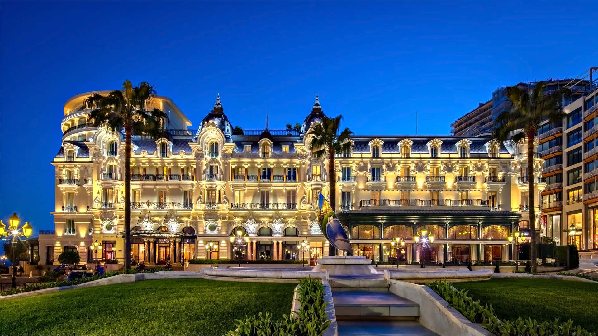 Casino De Monte Carlo, twilight, palm trees, Full HD Desktop Wallpaper