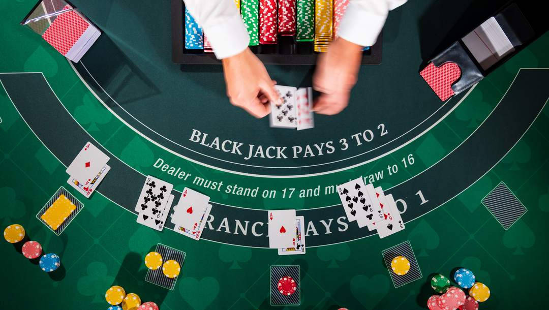 blackjack dealer, cards, green felt casino table, SD Desktop Wallpaper