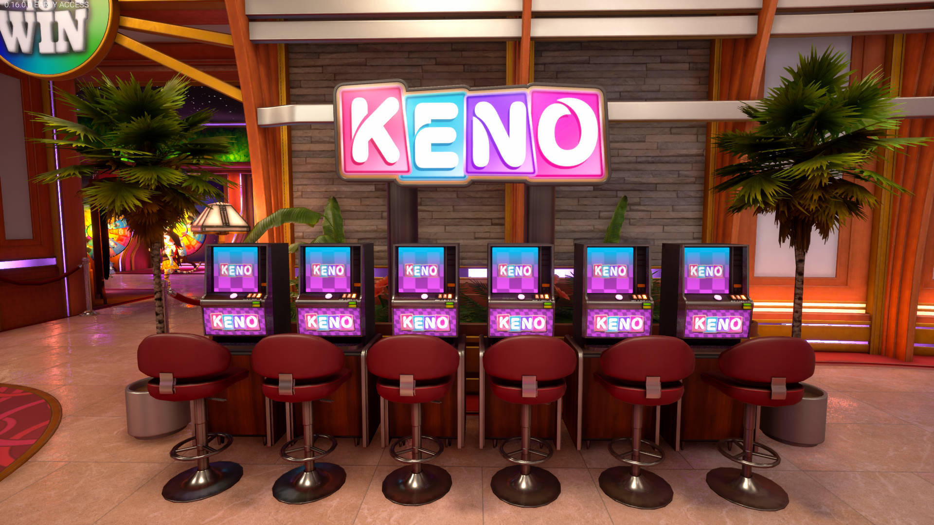 six keno machines, neon-lit, red stools, Full HD Desktop Wallpaper