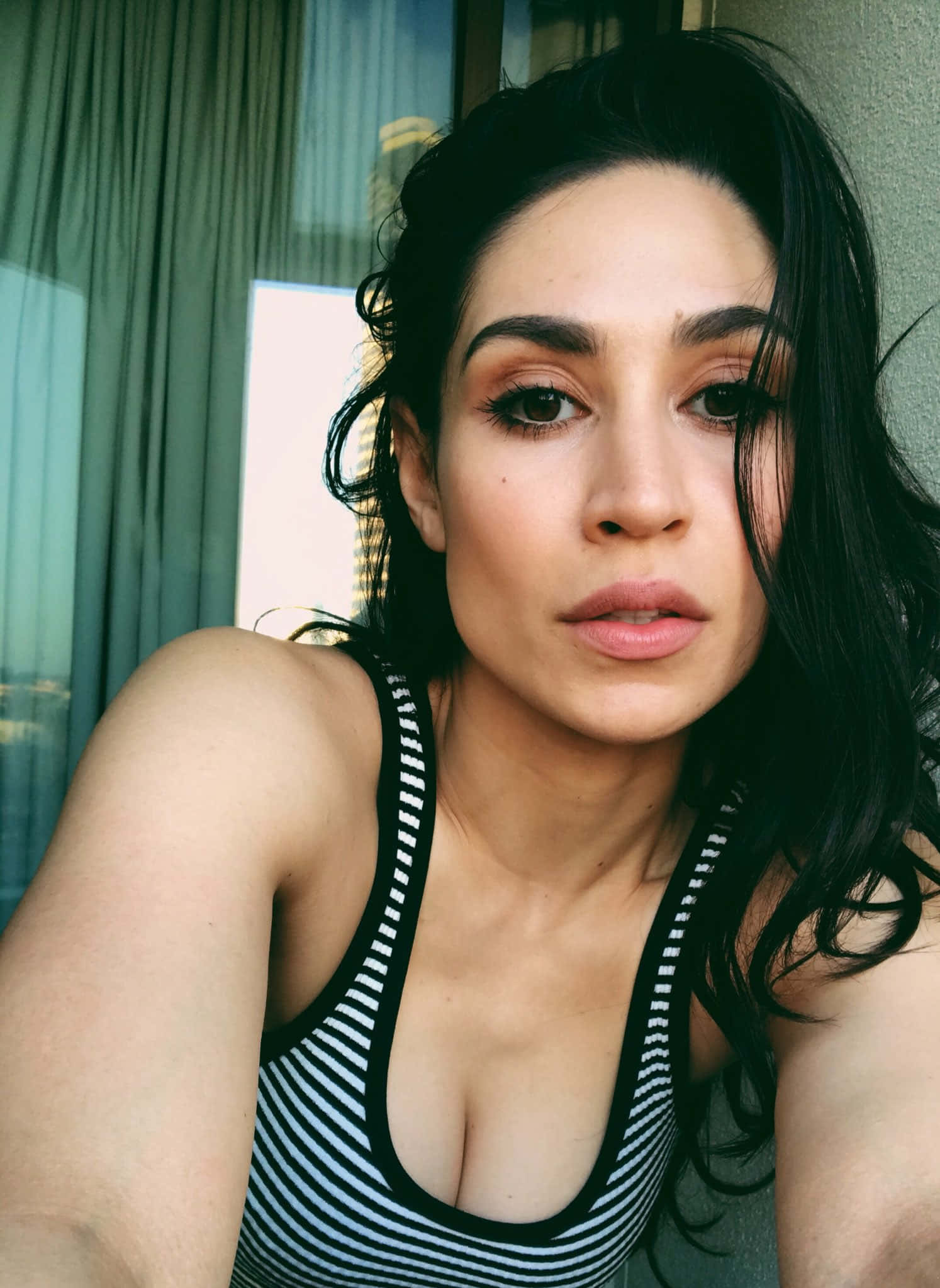 Cassie Steele, black and white striped tank top, window, Full HD Phone Wallpaper