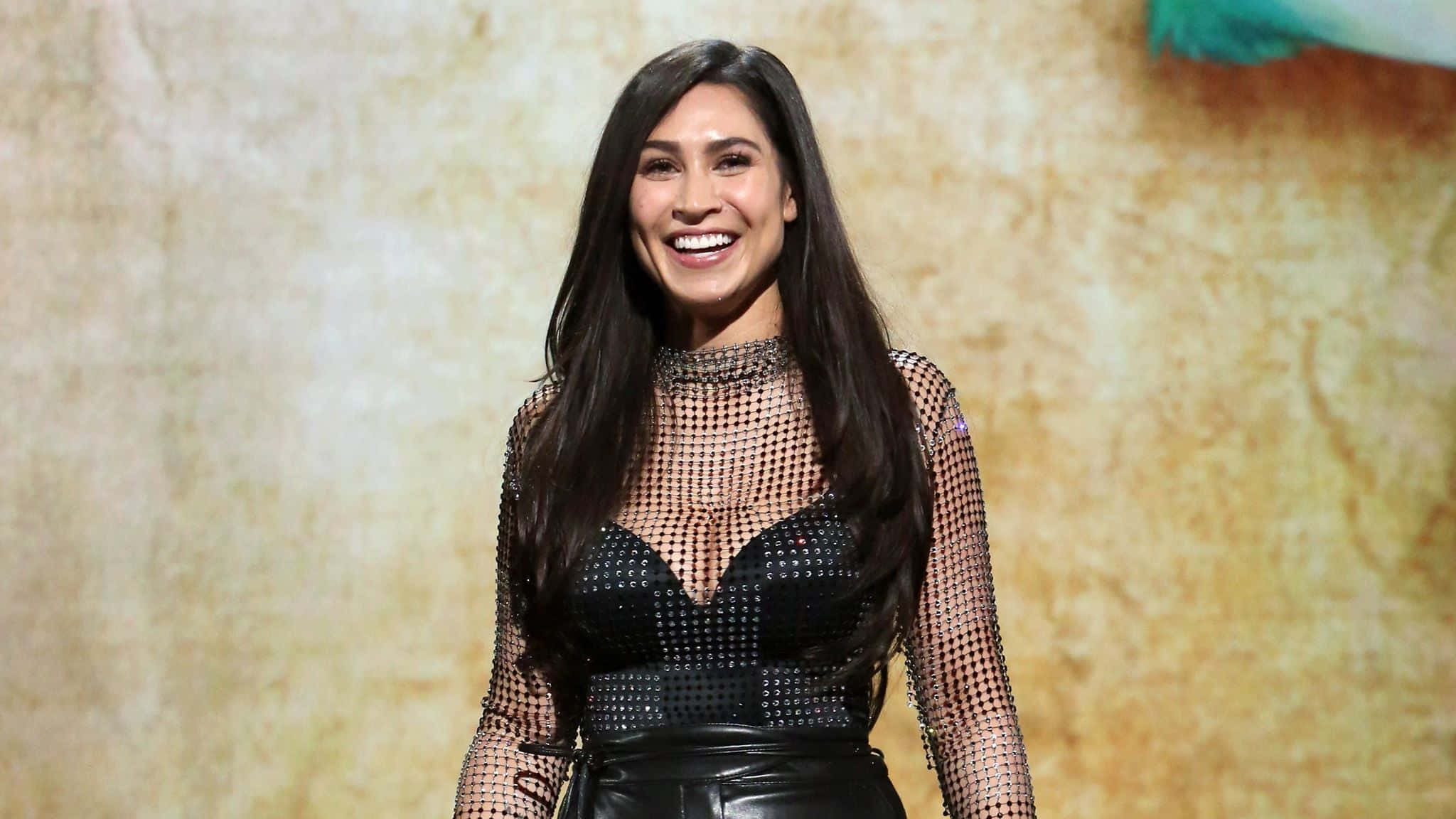 Cassie Steele, black studded mesh outfit, long dark hair, Full HD Desktop Wallpaper