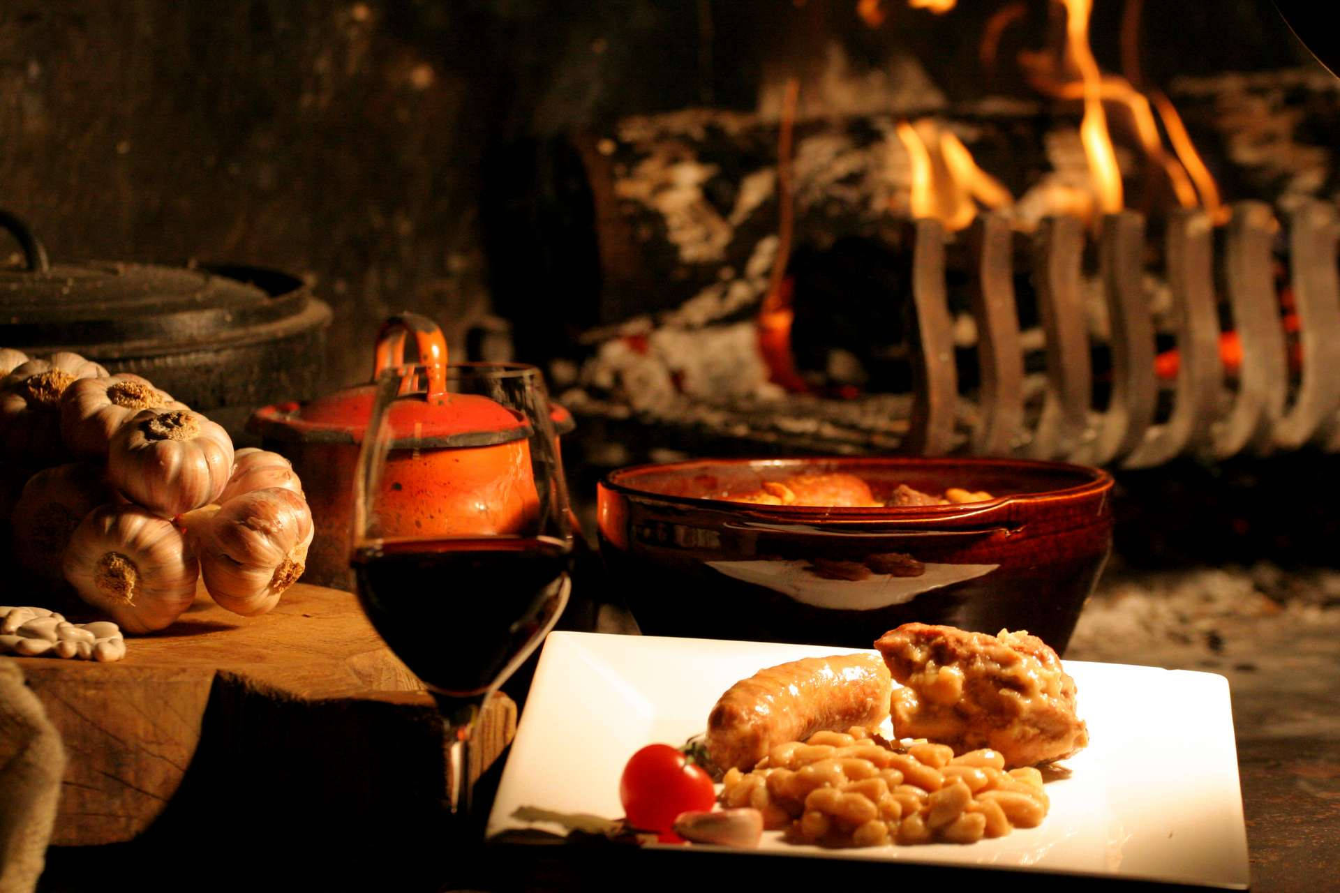 Cassoulet, fireplace, warm amber light, Full HD Desktop Wallpaper