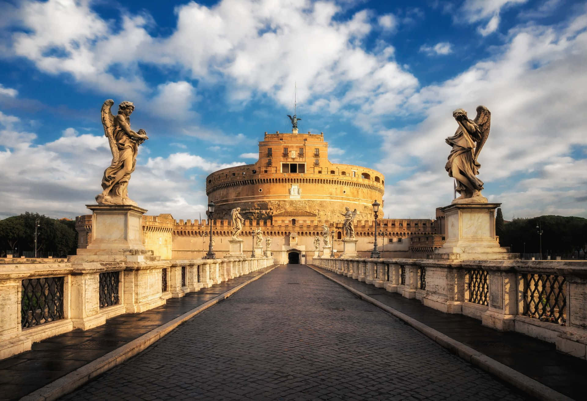 Castel Santangelo, stone bridge, vibrant blue sky, Full HD Desktop Wallpaper
