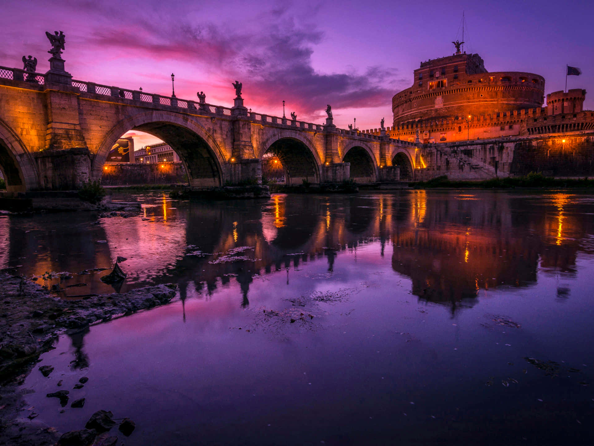 Castel Santangelo, purple twilight sky, historic stone bridge, Full HD Desktop Wallpaper