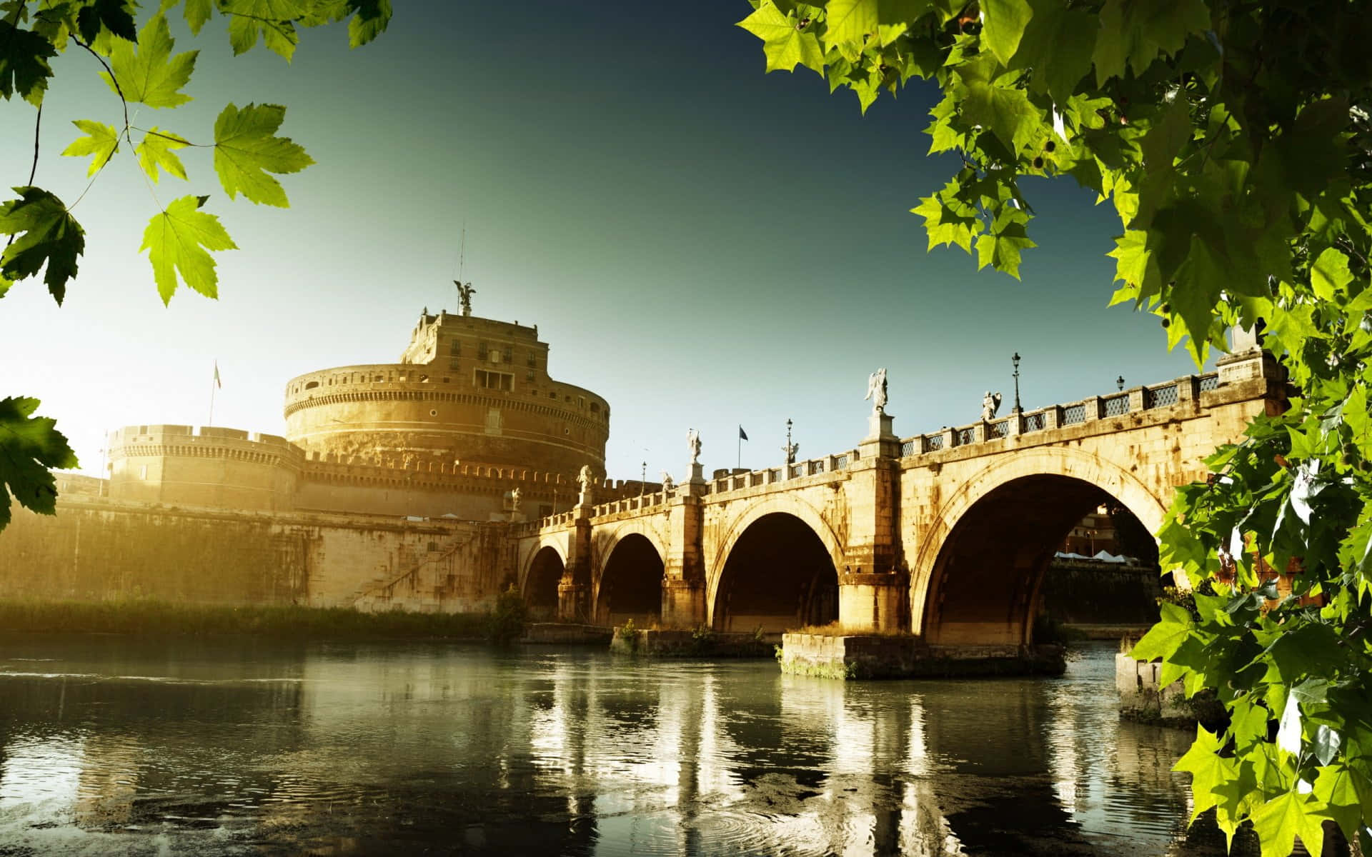 Castel Santangelo, stone bridge, calm waters, Full HD Desktop Wallpaper