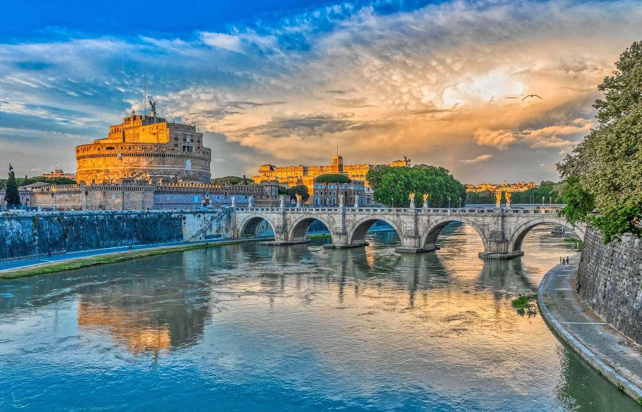 Castel Santangelo, stone bridge, calm river, HD Desktop Wallpaper