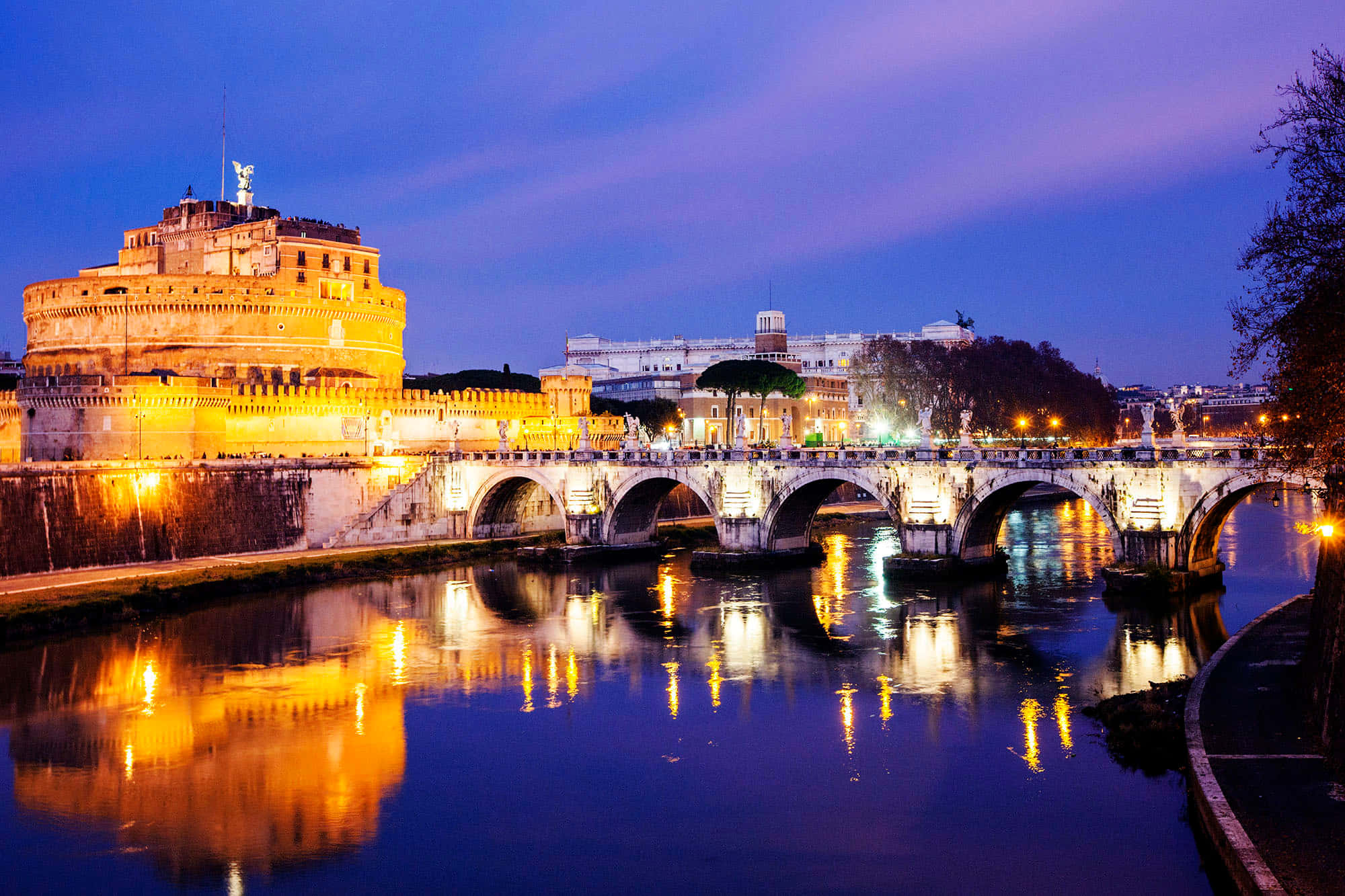 Castel Santangelo, purple night sky, stone bridge, Full HD Desktop Wallpaper