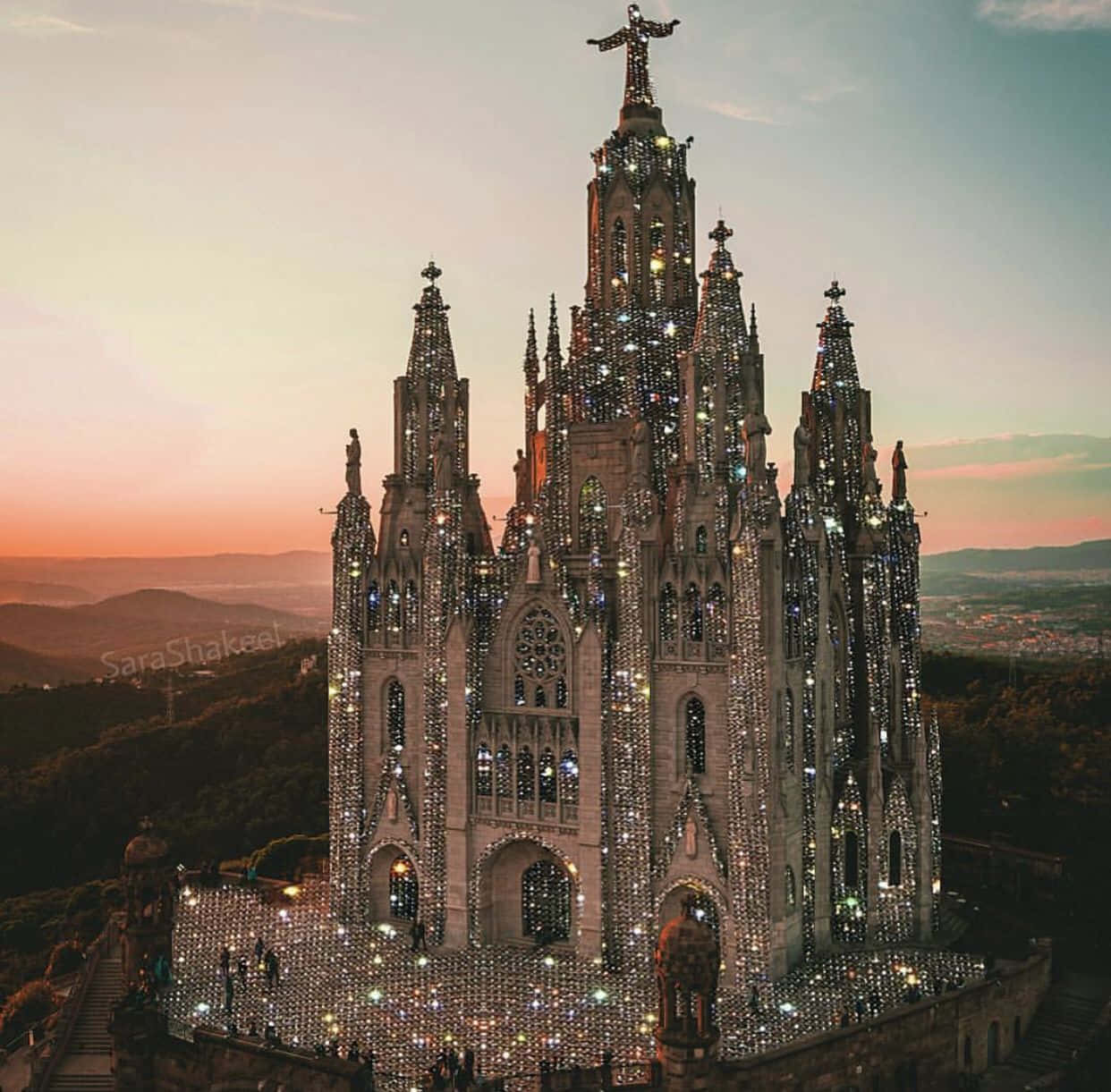 Gothic cathedral, sparkling lights, sunset sky, SD Desktop Wallpaper