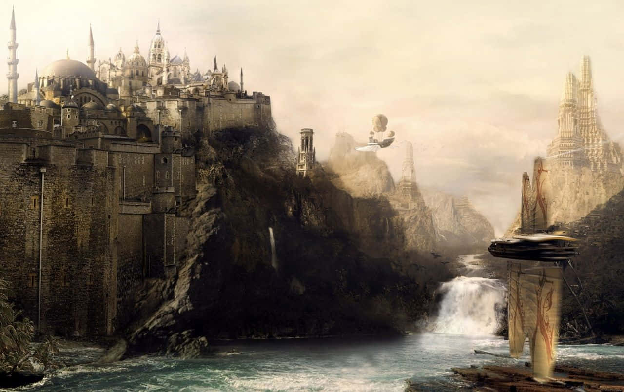 castle aesthetic, fantasy city, cliffs, HD Desktop Wallpaper