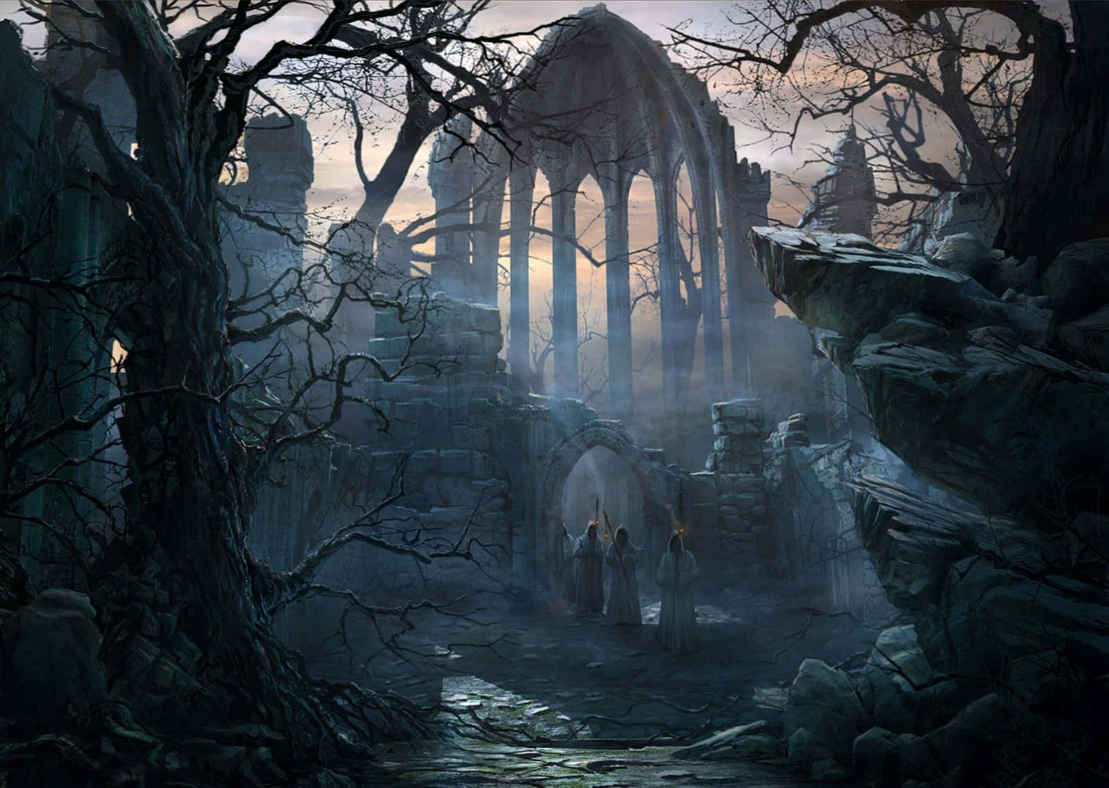 Gothic Computer, Castle Ruins, Forest, HD Desktop Wallpaper