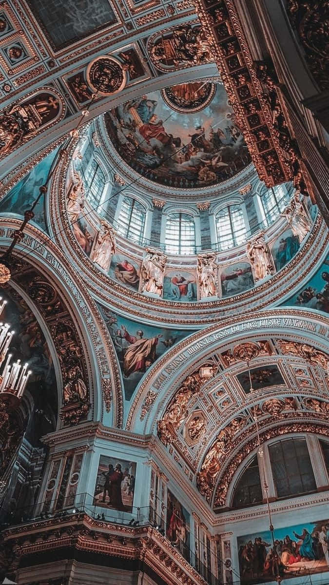 castle aesthetic, cathedral ceiling, golden frescoes, SD Phone Wallpaper