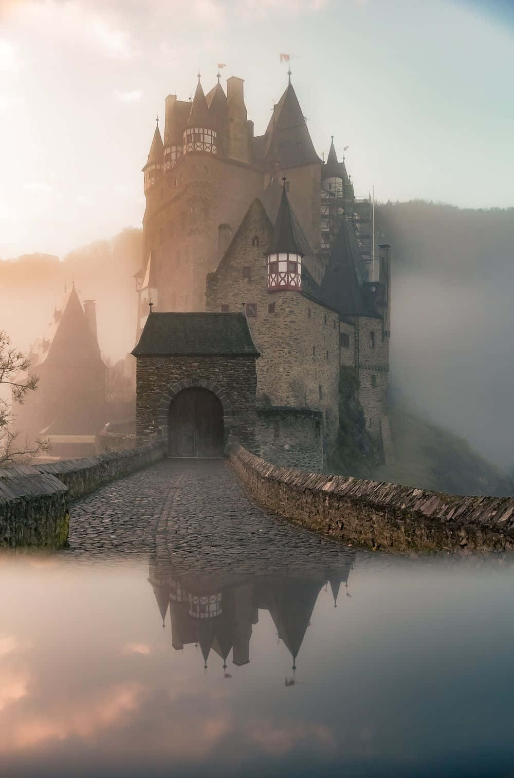 castle, water, mist, HD Phone Wallpaper