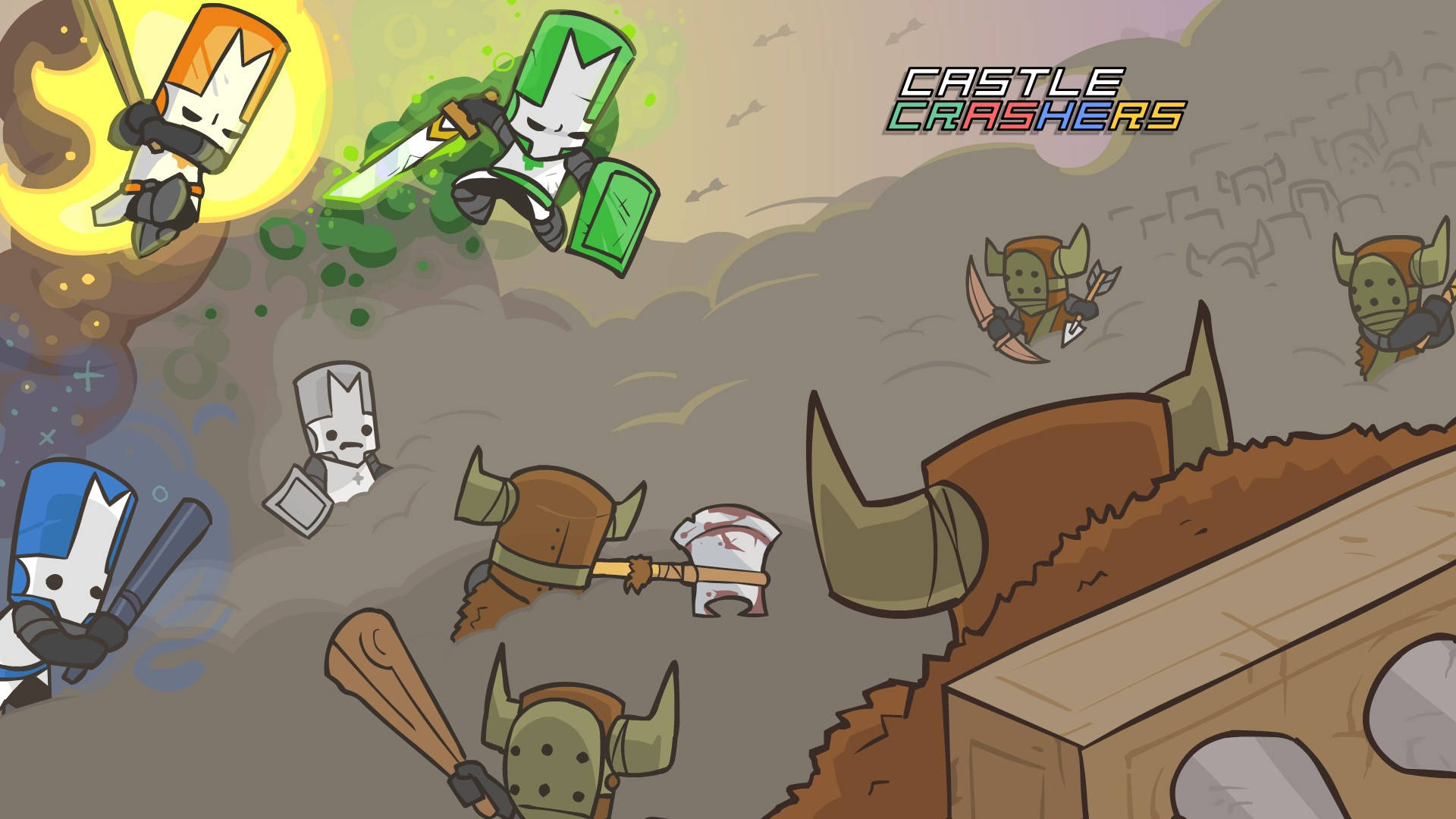 Castle Crashers, cartoon knights, colorful helmets, Full HD Desktop Wallpaper