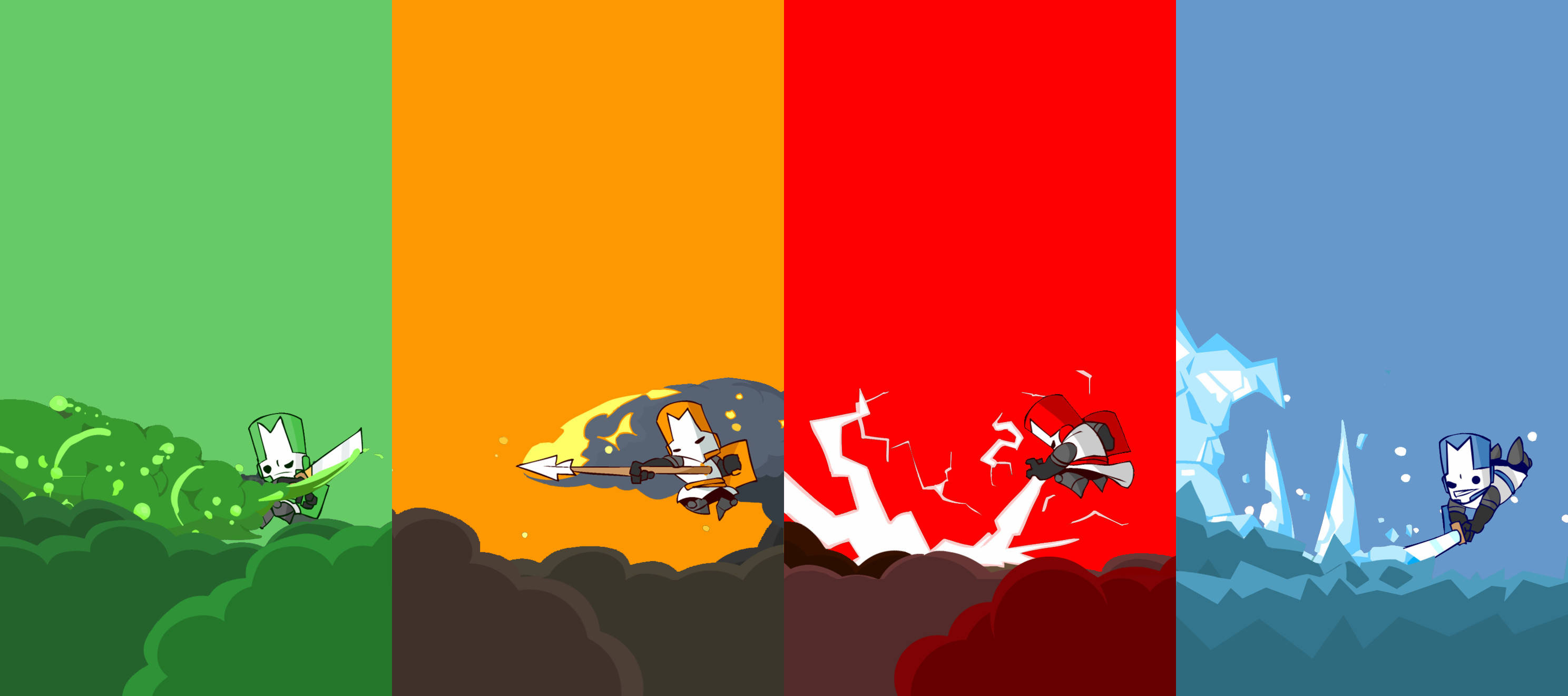 Castle Crashers, pixel-art knights, vibrant colored zones, 2K Desktop Wallpaper