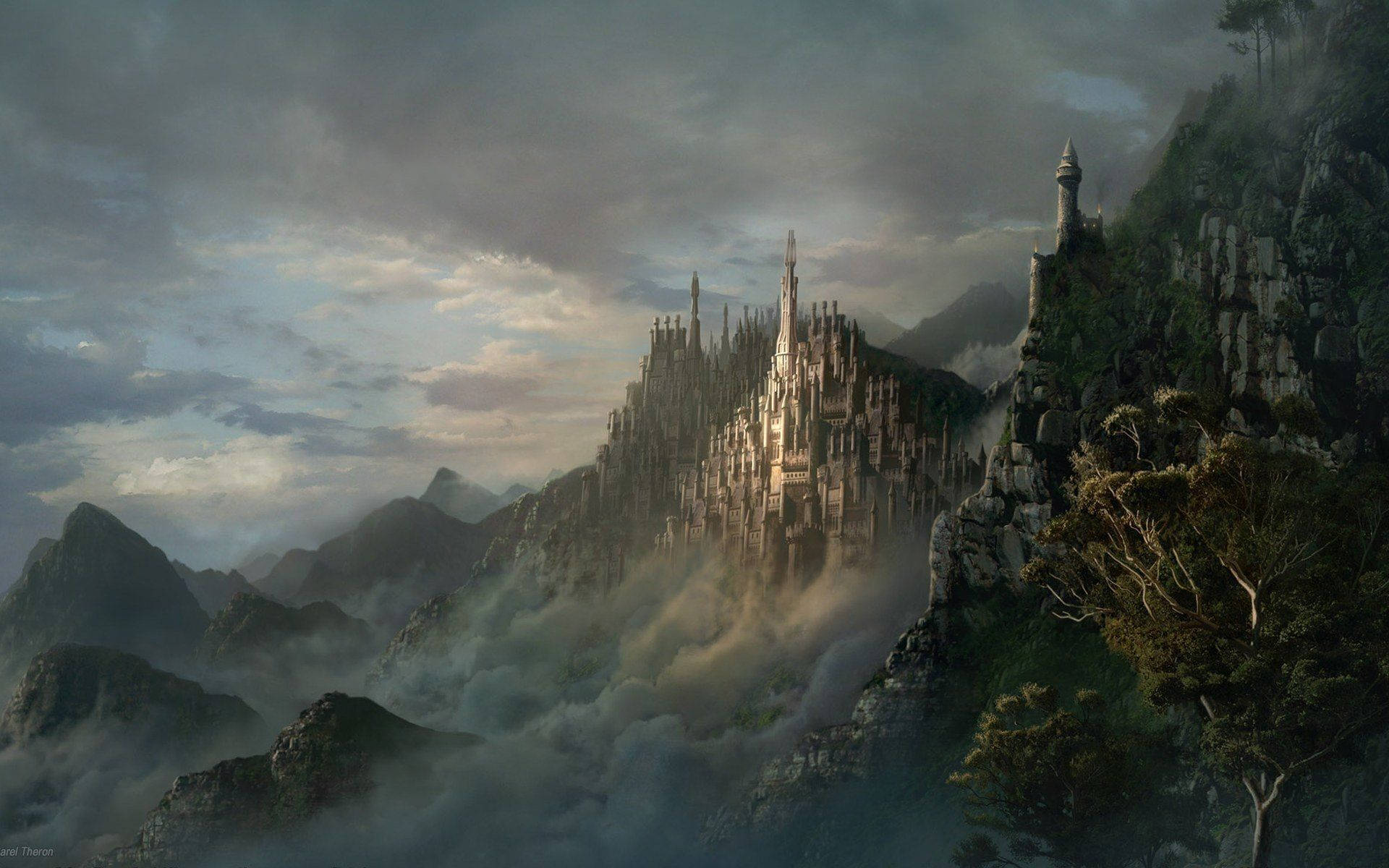 majestic gothic castle, misty mountain peak, dramatic cloudy sky, Full HD Desktop Wallpaper