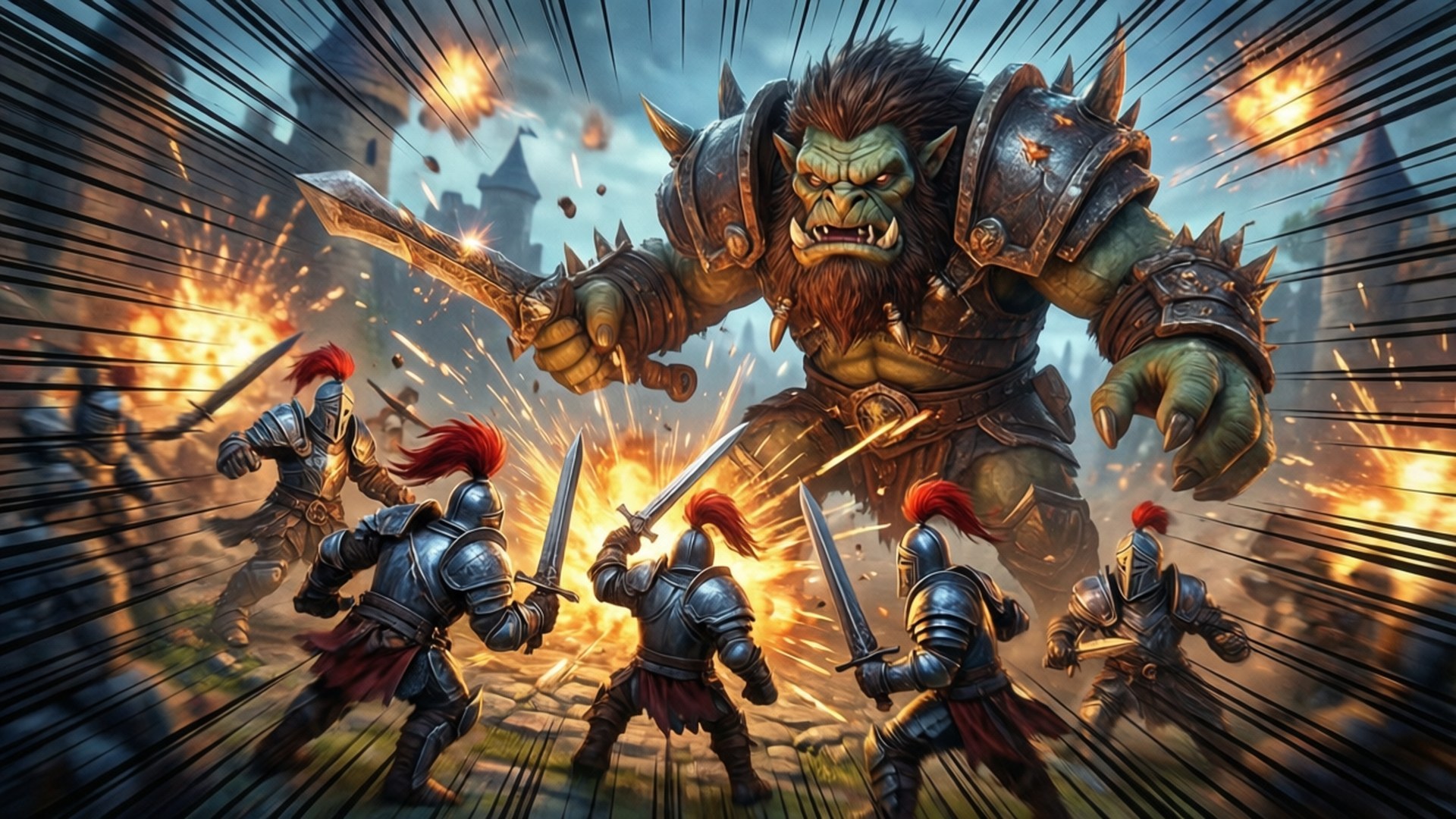 green orc, spiked armor, glowing sword, Full HD Desktop Wallpaper