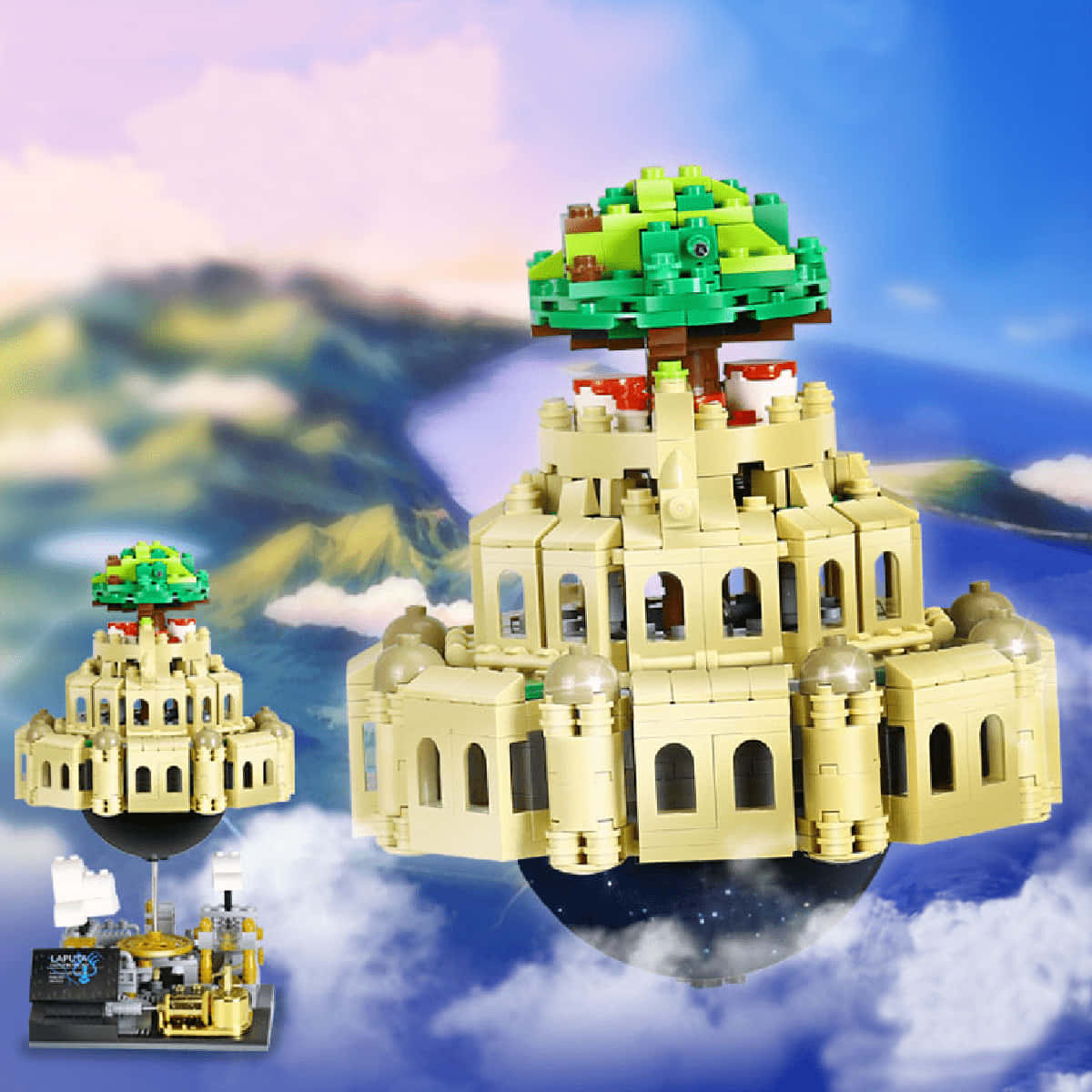 Castle In The Sky, beige LEGO bricks, green tree, SD Desktop Wallpaper