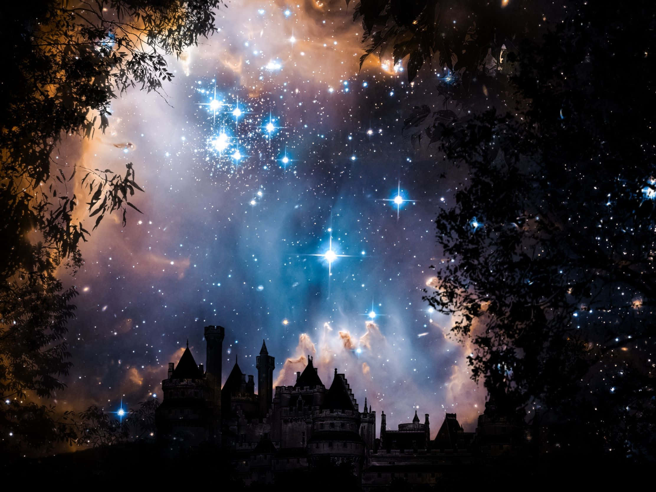 Castle In The Sky, starry night sky, glowing nebulae, Full HD Desktop Wallpaper