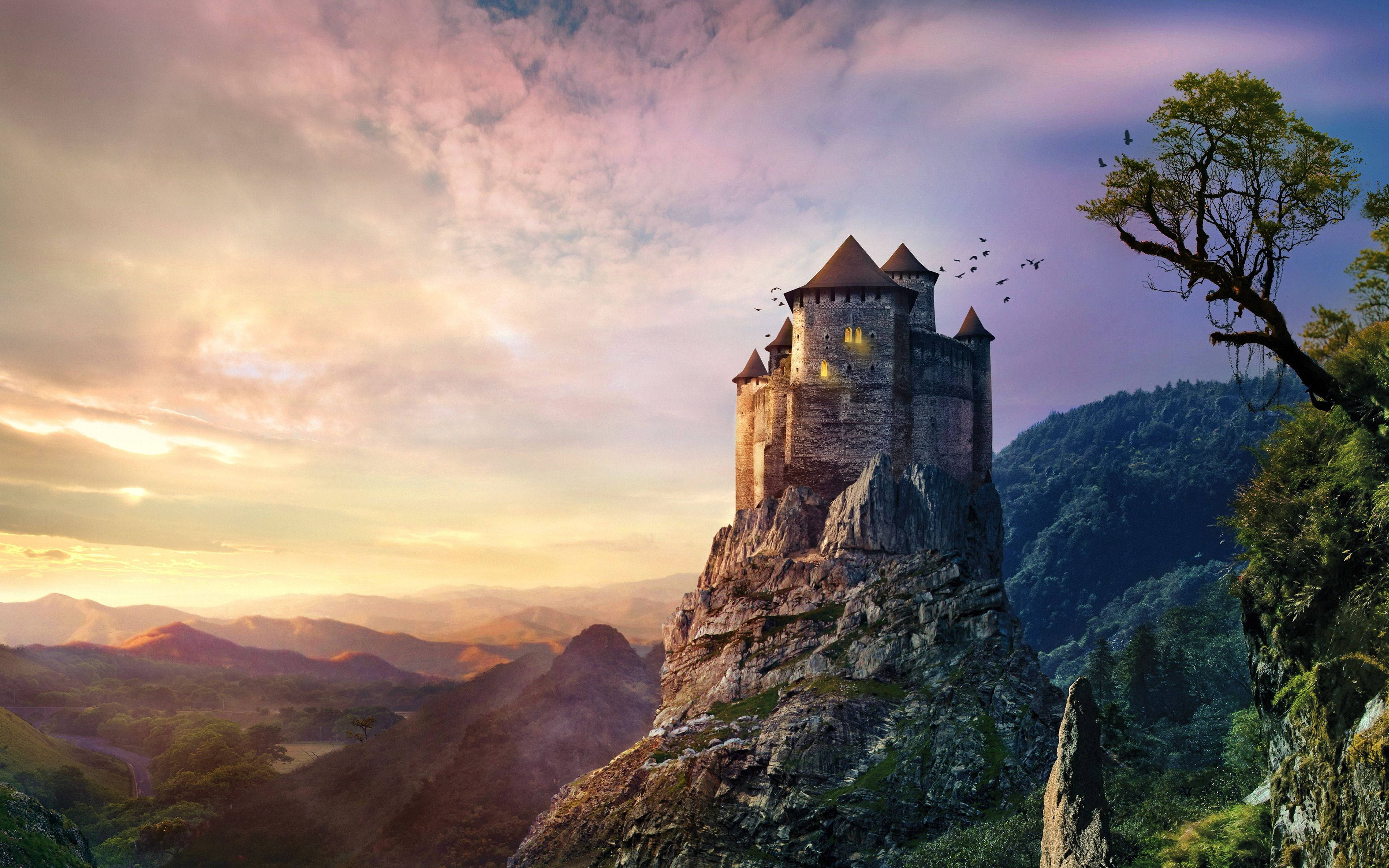 fantasy castle, medieval castle, rugged cliff, 4K Desktop Wallpaper