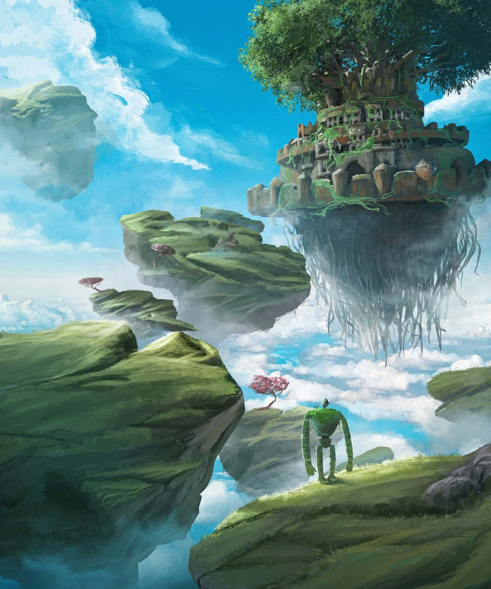 Castle in the Sky, green robot, floating island, SD Phone Wallpaper