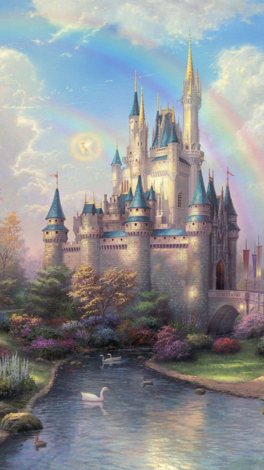 fantasy castle, rainbow, blue roofs, Full HD Phone Wallpaper