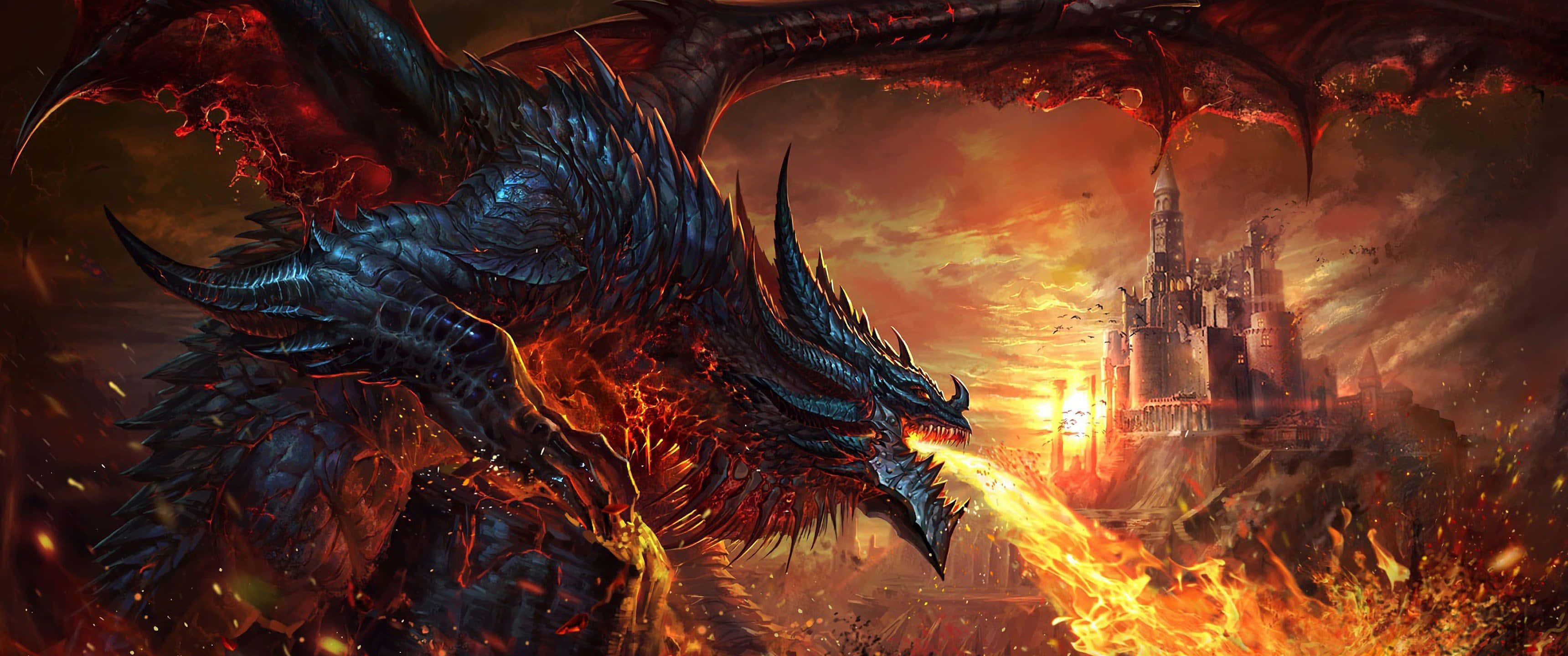 dark blue dragon, glowing red eyes, crumbling castle, 2K Desktop Wallpaper