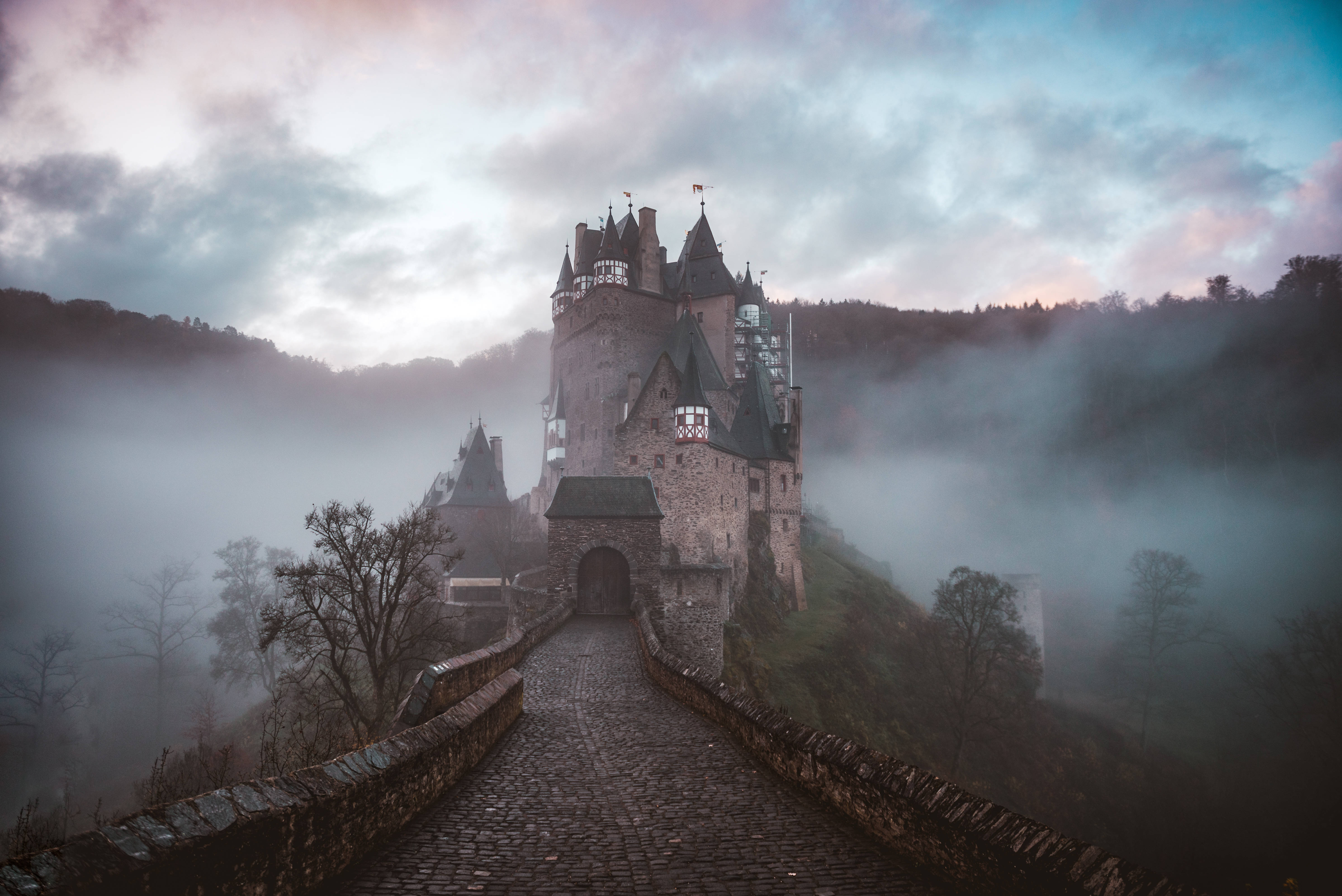 foggy castle, stone castle, cobblestone path, 5K Desktop Wallpaper