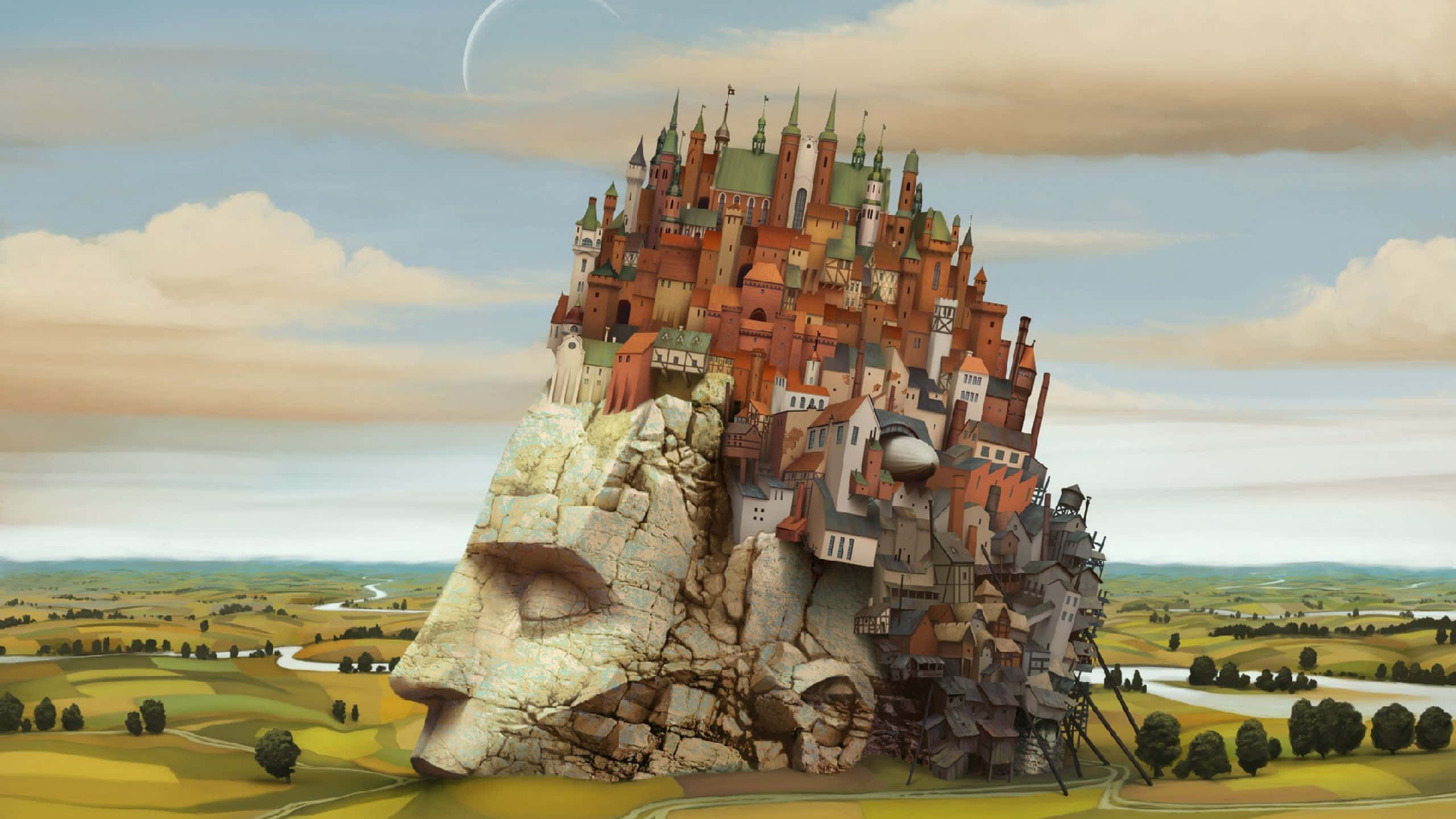 surreal digital-art castle, colossal stone face, forehead, 2K Desktop Wallpaper