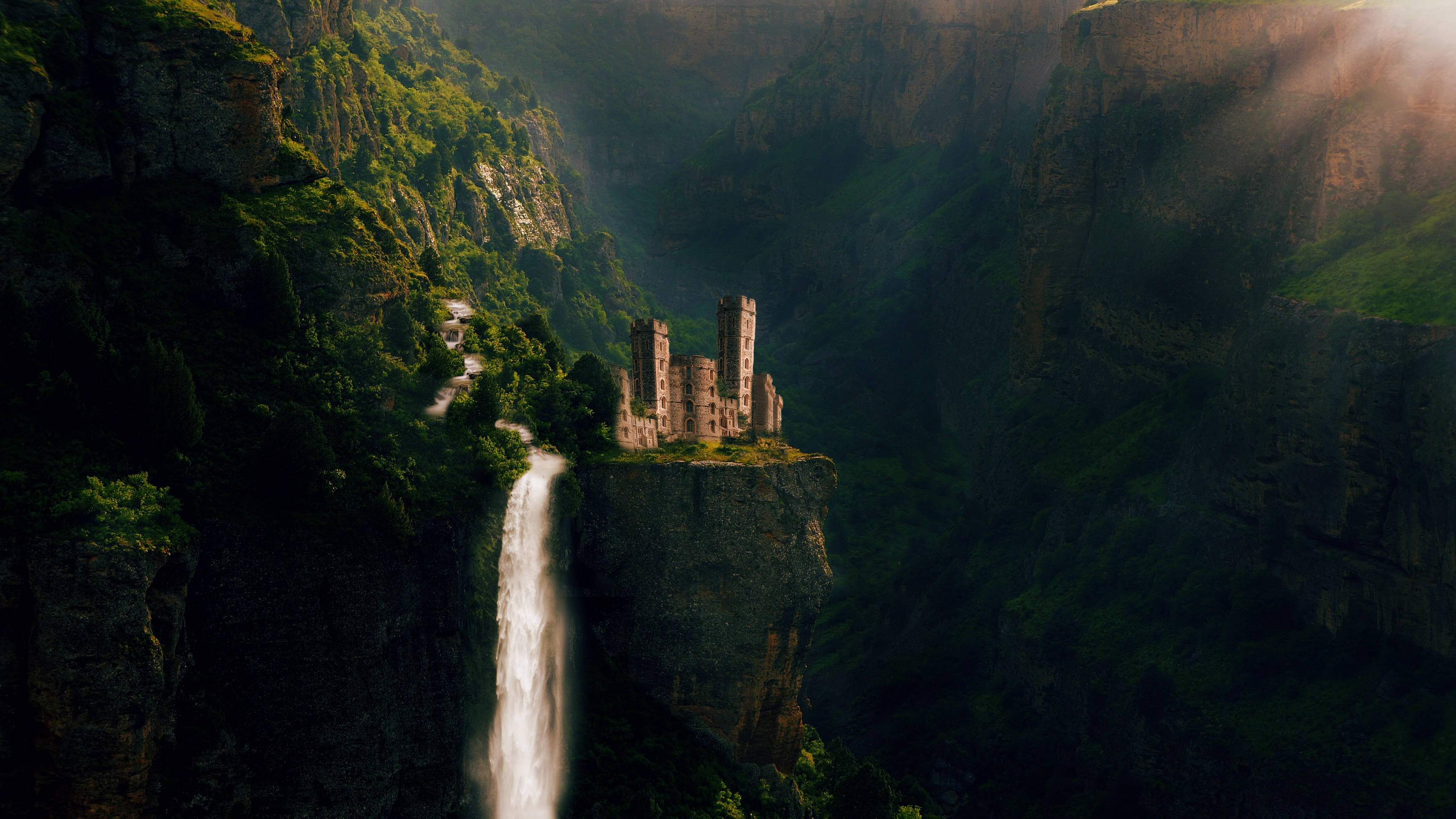 Castle, waterfall, cliff, 2K Desktop Wallpaper