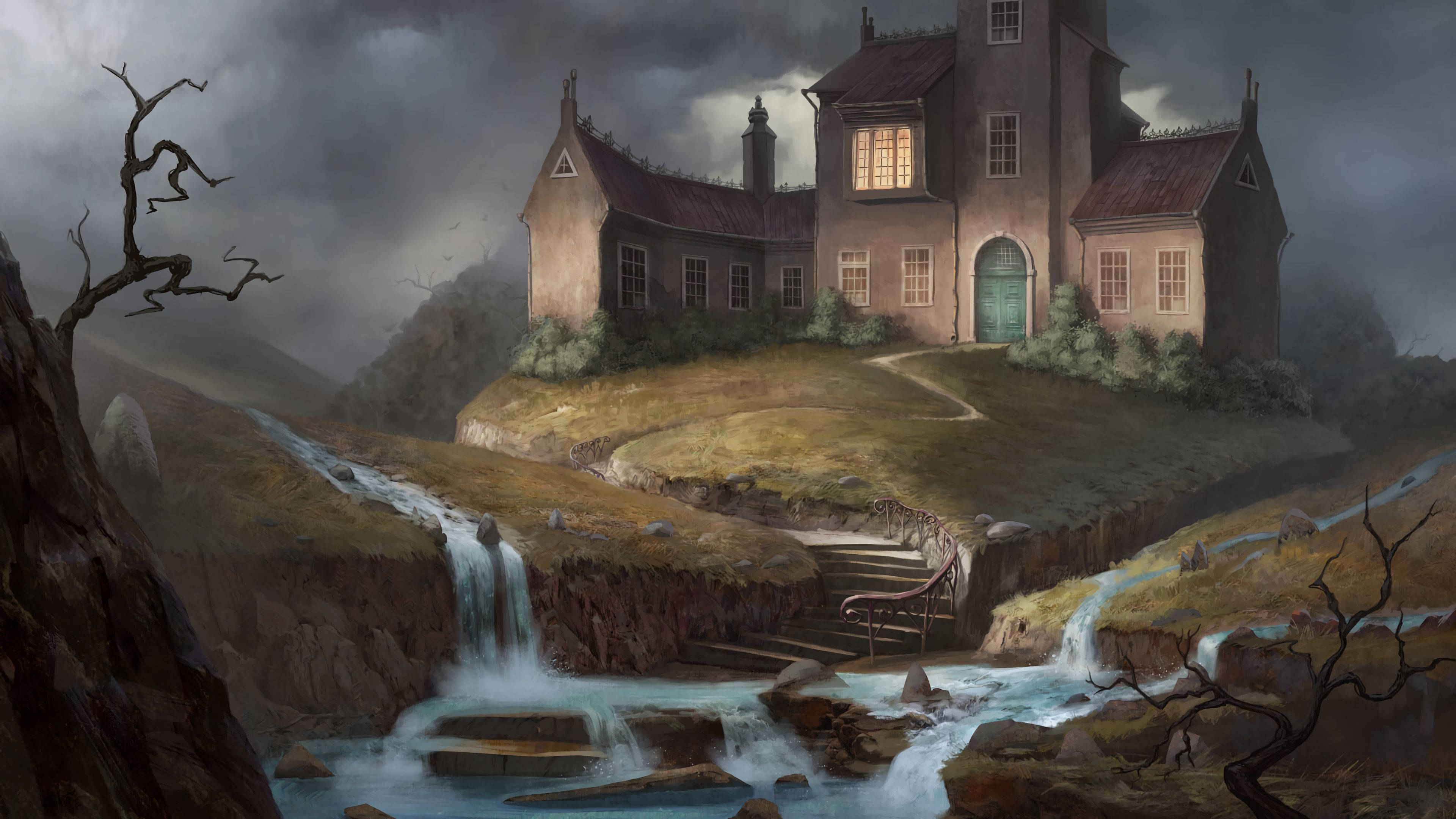 Castle, river current stairs, misty hillside, 4K Desktop Wallpaper