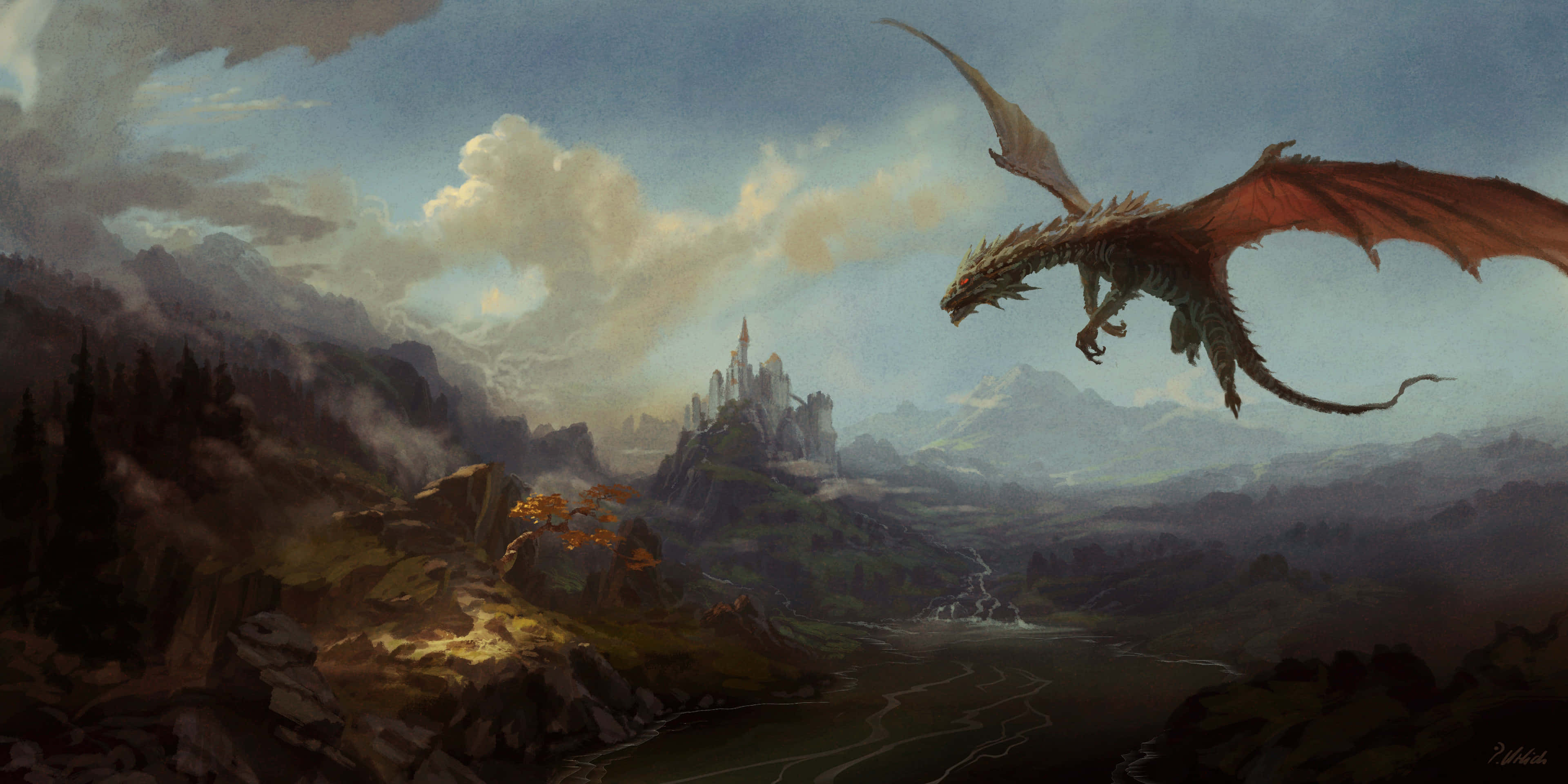 dragon, misty valley, castle, 4K Desktop Wallpaper