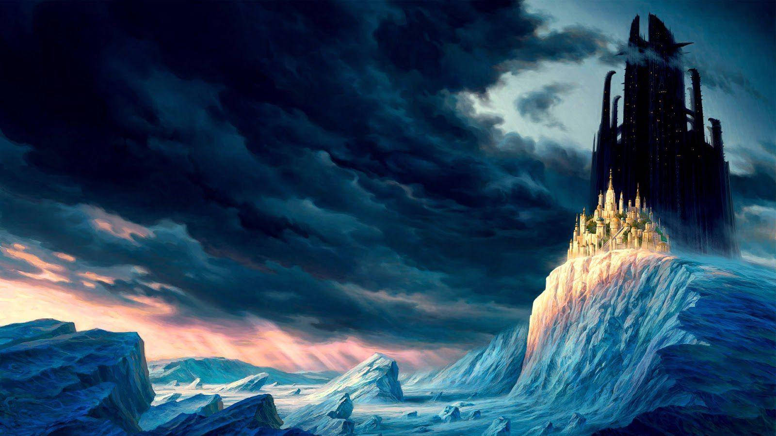 glowing castle, snowy cliff, stormy twilight sky, HD Desktop Wallpaper