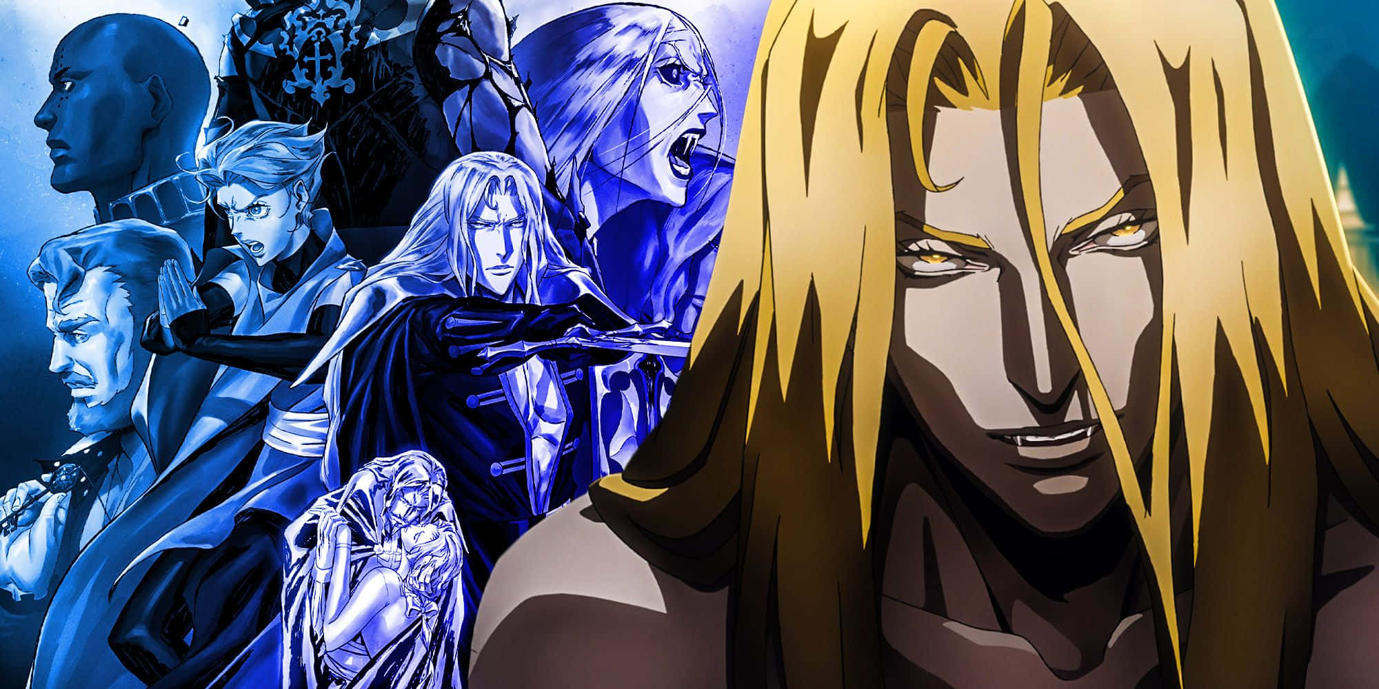Castlevania Netflix, golden-haired protagonist, blue-toned ensemble, Full HD Desktop Wallpaper