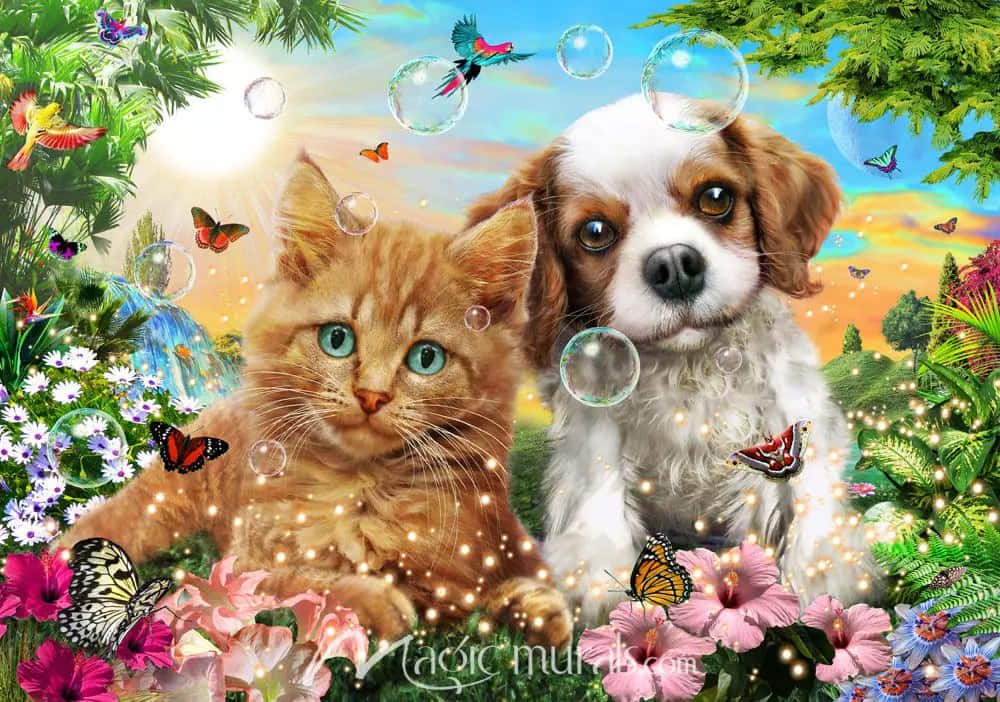 ginger kitten, white brown puppy, vibrant garden, SD Desktop Wallpaper