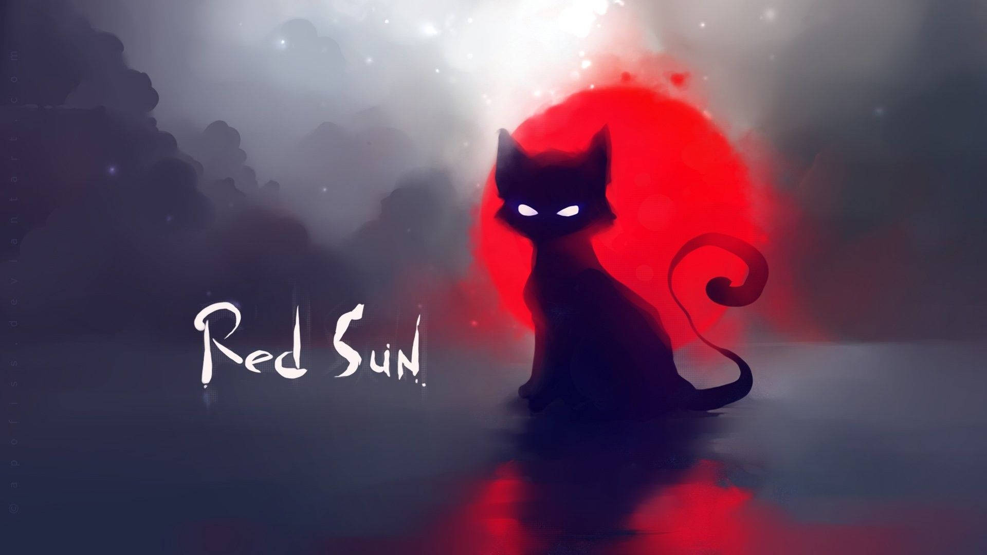 black cat, red sun, glowing eyes, Full HD Desktop Wallpaper
