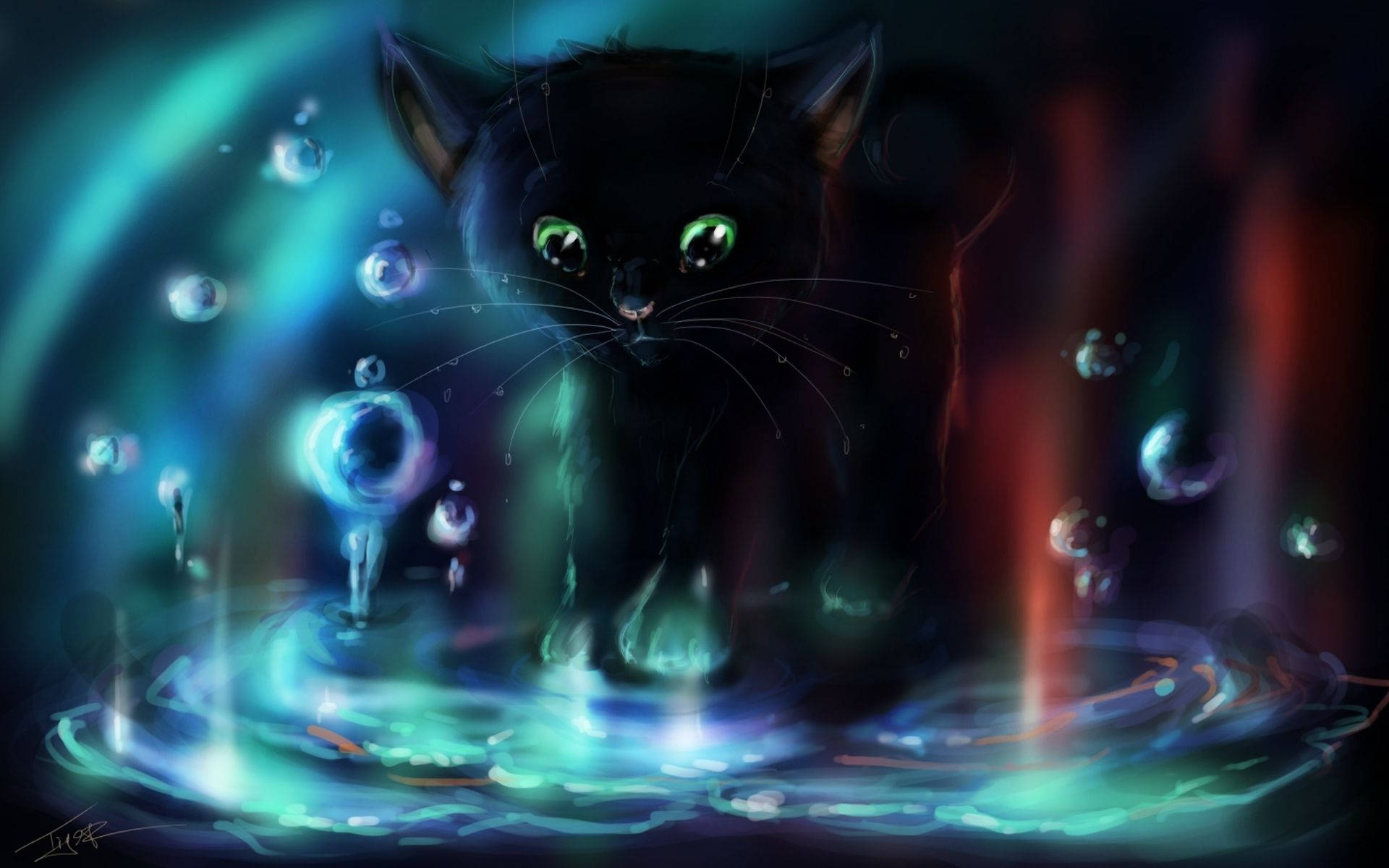 cat art, jade coloured eyes, glowing green eyes, Full HD Desktop Wallpaper